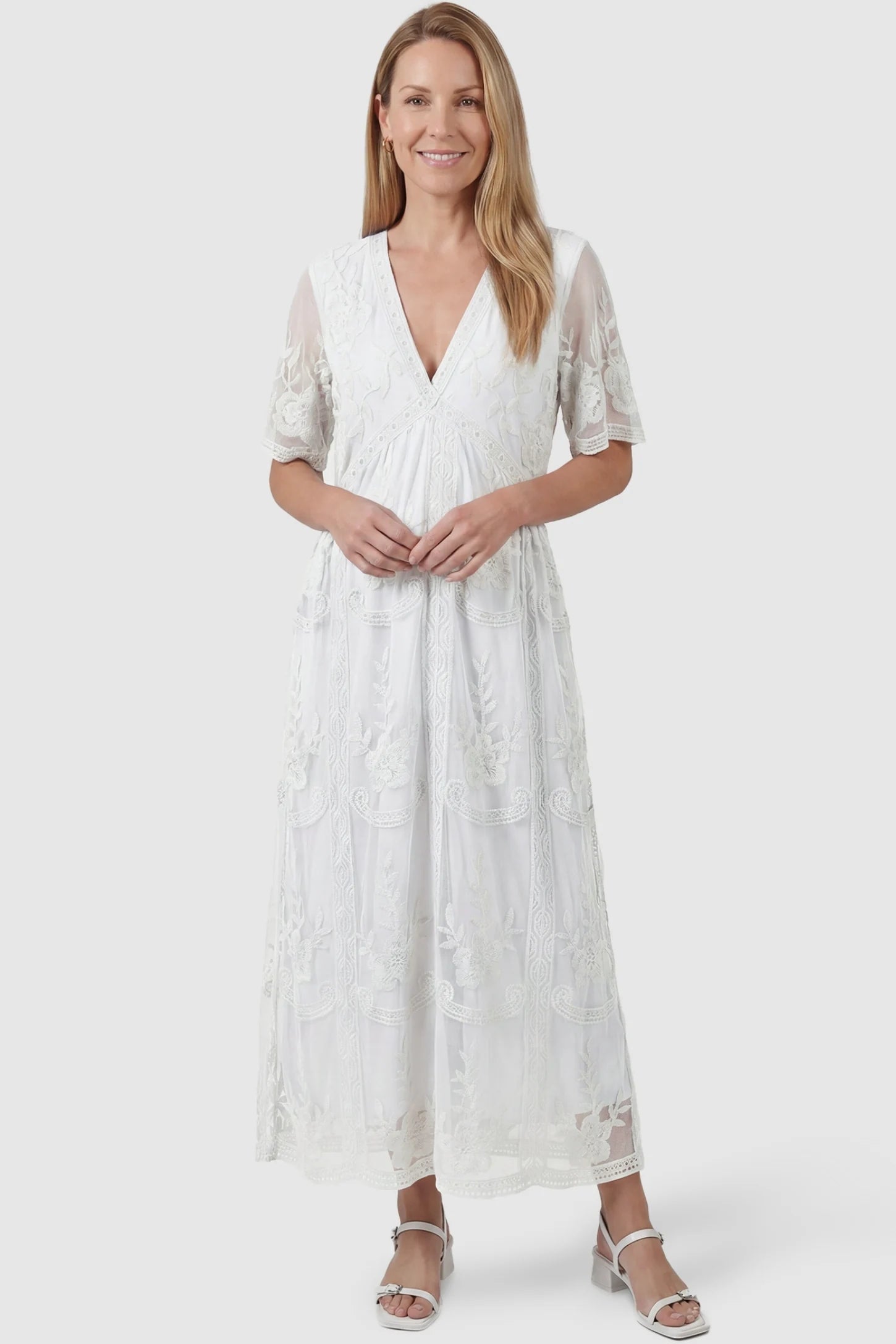 Lace Short Sheer Sleeve Maternity Maxi Dress in white featuring soft sheer sleeves on a non-pregnant model, postpartum view.