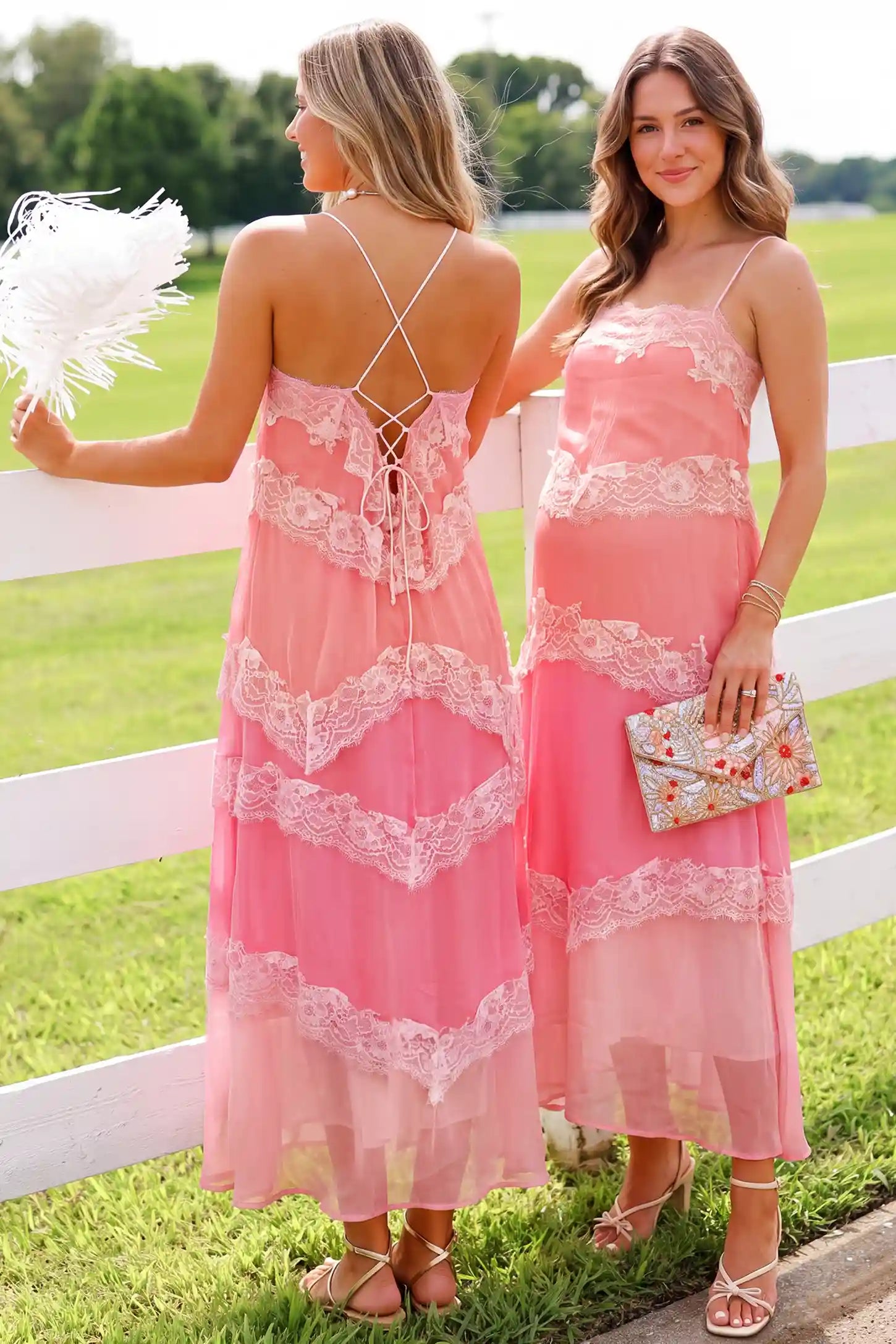 Lace Trim Lace-Up Tiered Maternity Maxi Dress in Blush Pink featuring delicate lace details on a pregnant model, lifestyle front view.