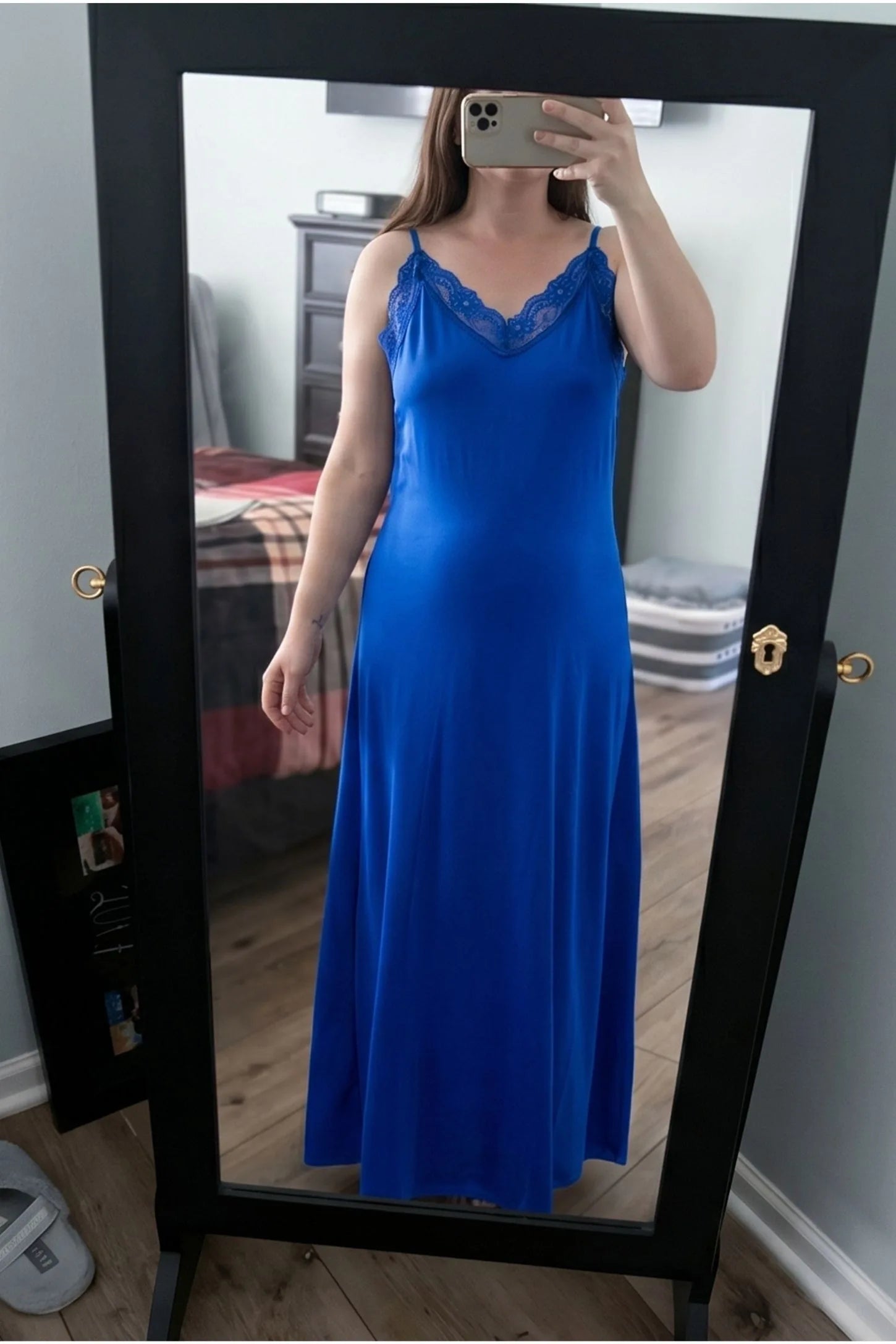 Lace-Trim Maternity Slip Dress Lace-Trim Maternity Slip Dress in Blue featuring sleek spaghetti straps on a pregnant model, mirror selfie view.