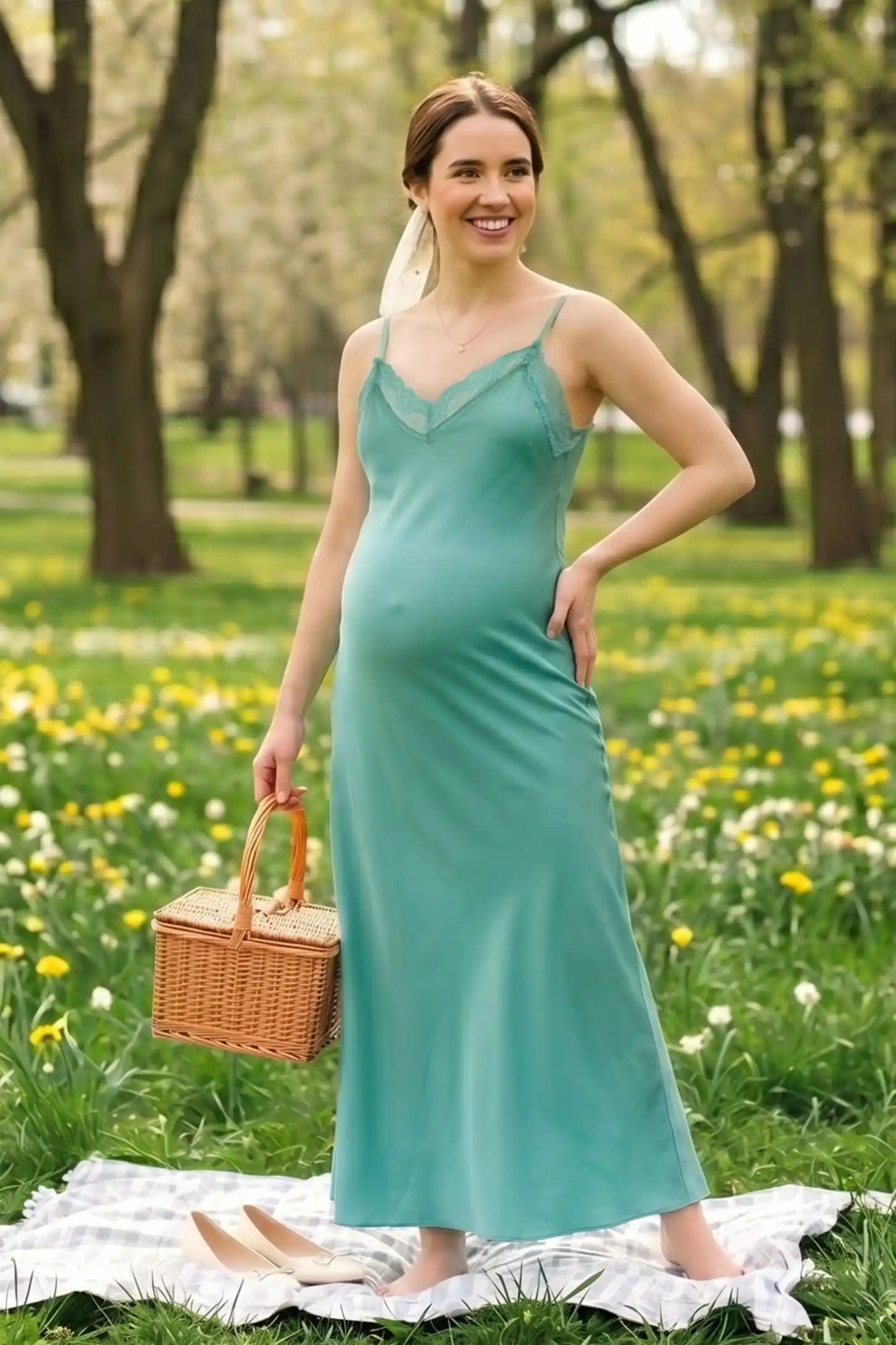 Lace-Trim Maternity Slip Dress in Green featuring delicate spaghetti straps on a pregnant model, front view.