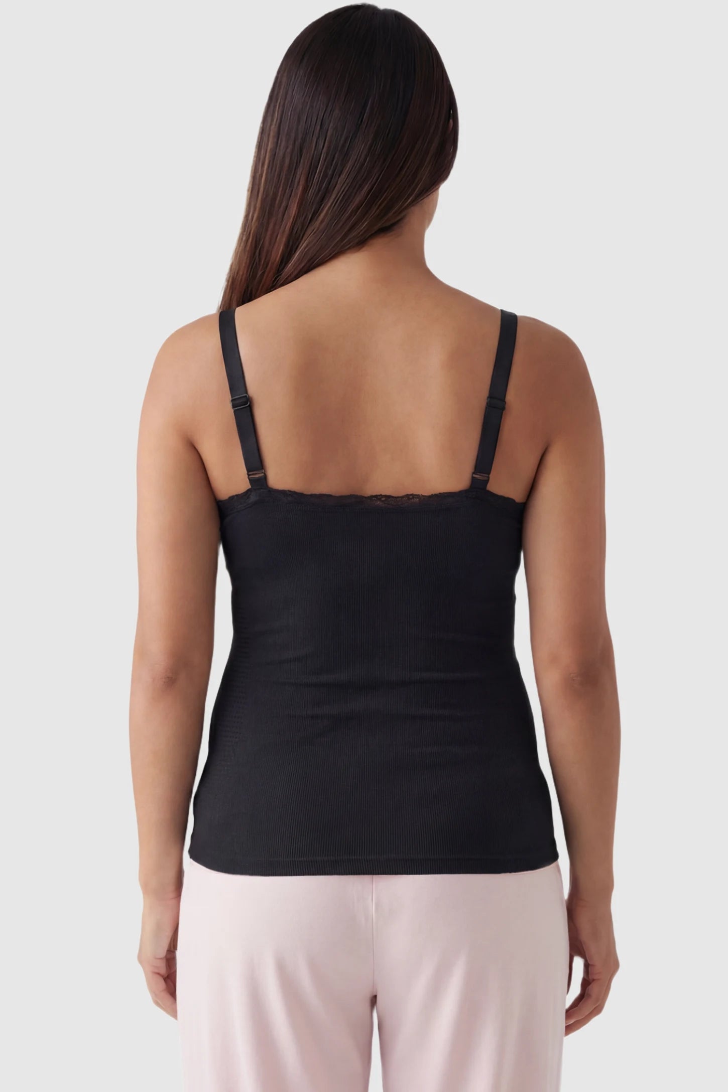 Lace Trim Wire Free Maternity Nursing Camisole Lace Trim Wire Free Maternity Nursing Camisole in black featuring wire free camisole on a pregnant model, back view.