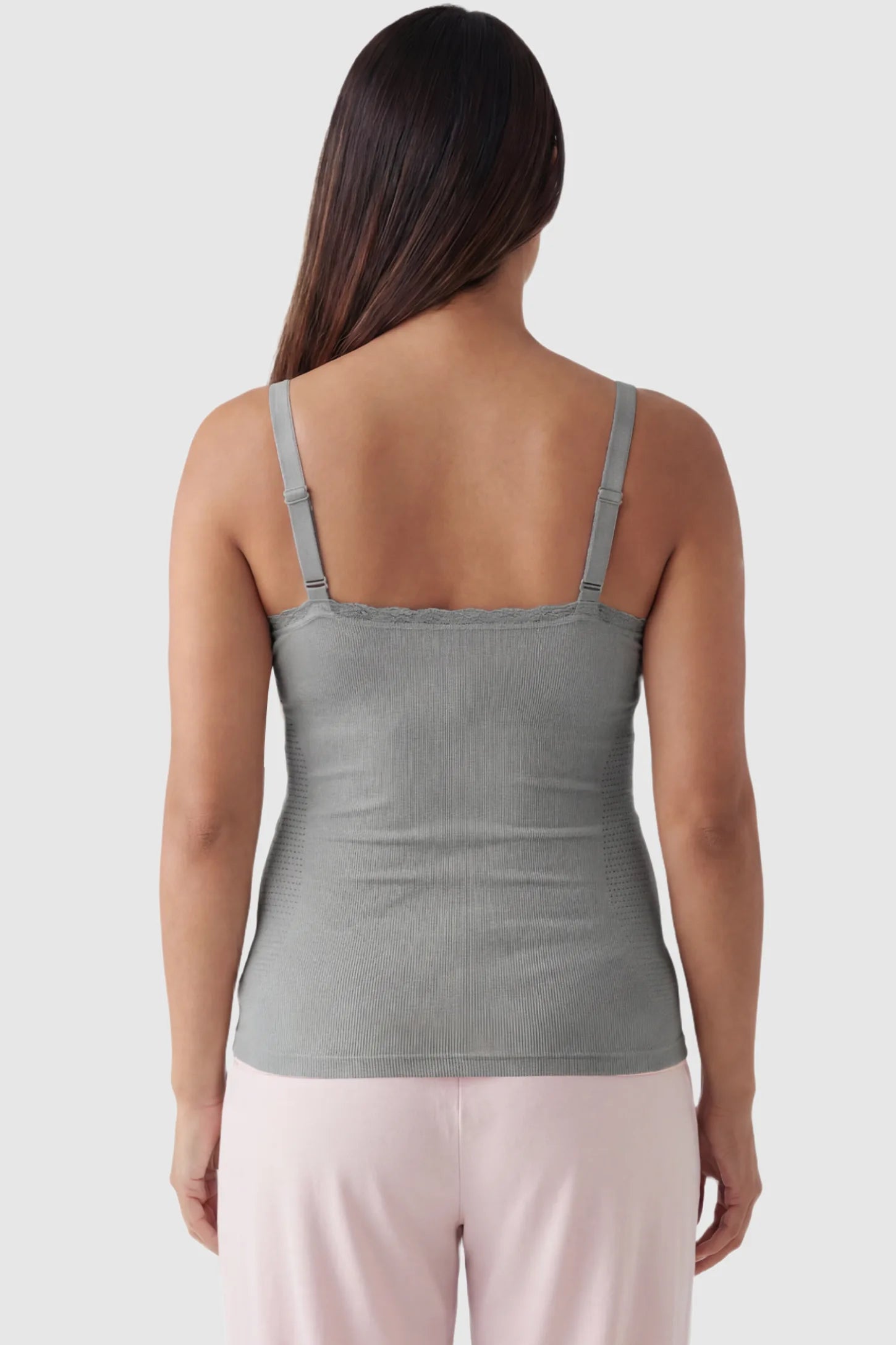 Lace Trim Wire Free Maternity Nursing Camisole Lace Trim Wire Free Maternity Nursing Camisole in gray featuring wire free camisole on a pregnant model, back view.