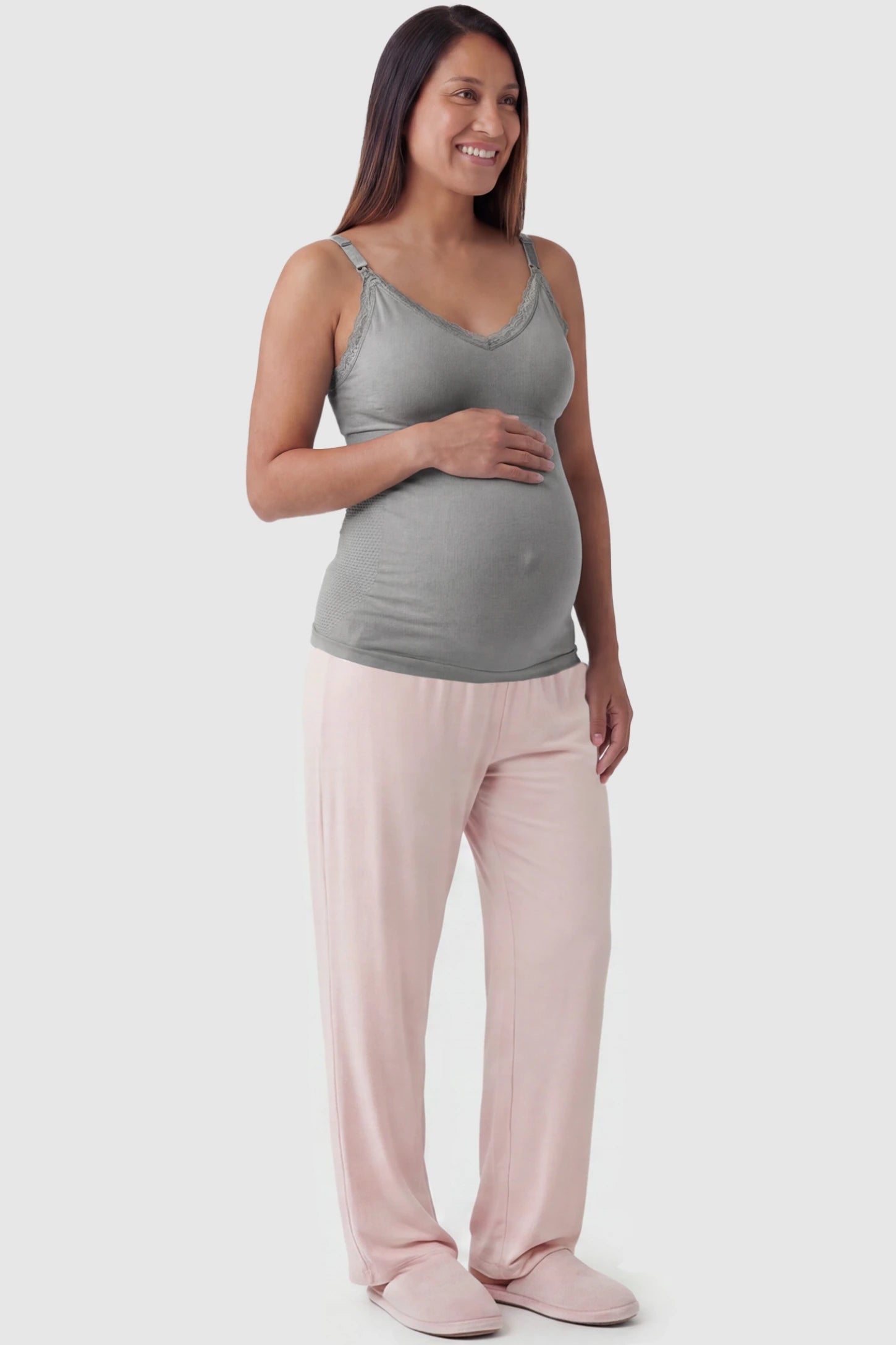 Lace Trim Wire Free Maternity Nursing Camisole Lace Trim Wire Free Maternity Nursing Camisole in gray offering one-handed nursing access on a pregnant model, full body view.