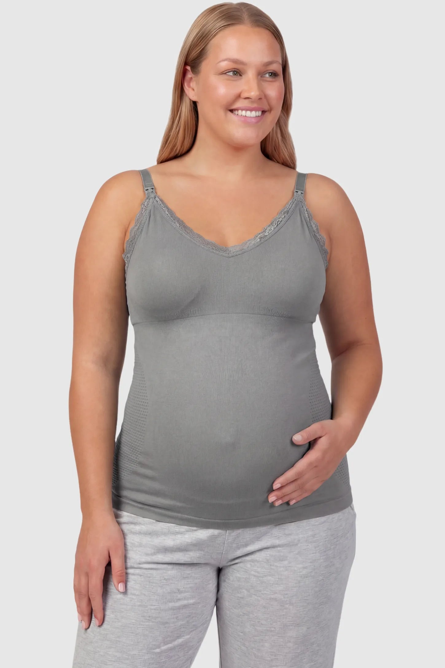 Lace Trim Wire Free Maternity Nursing Camisole Lace Trim Wire Free Maternity Nursing Camisole in gray offering one-handed nursing access on a plus size pregnant model, front view.