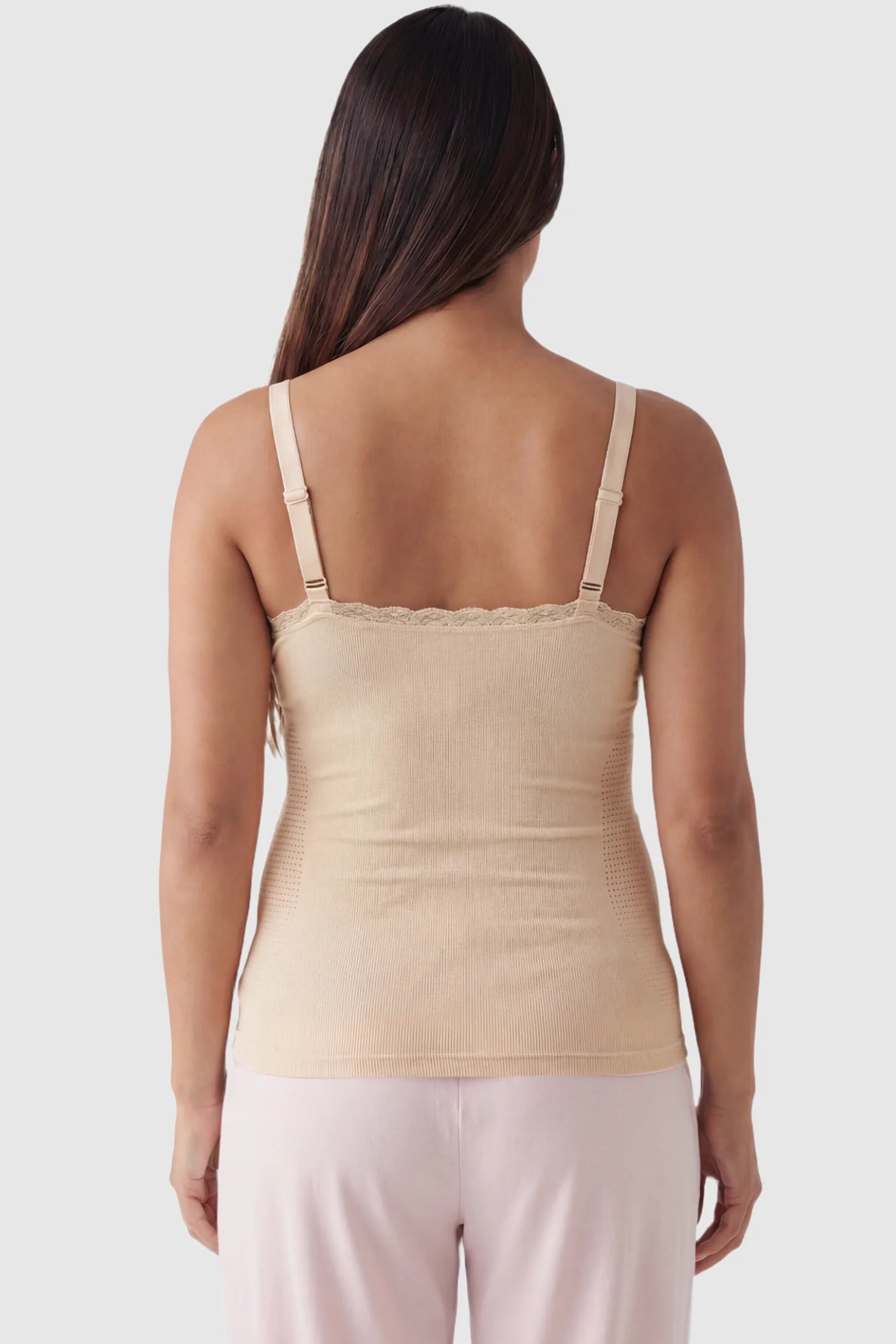 Lace Trim Wire Free Maternity Nursing Camisole Lace Trim Wire Free Maternity Nursing Camisole in skin tone featuring wire free camisole on a pregnant model, back view.