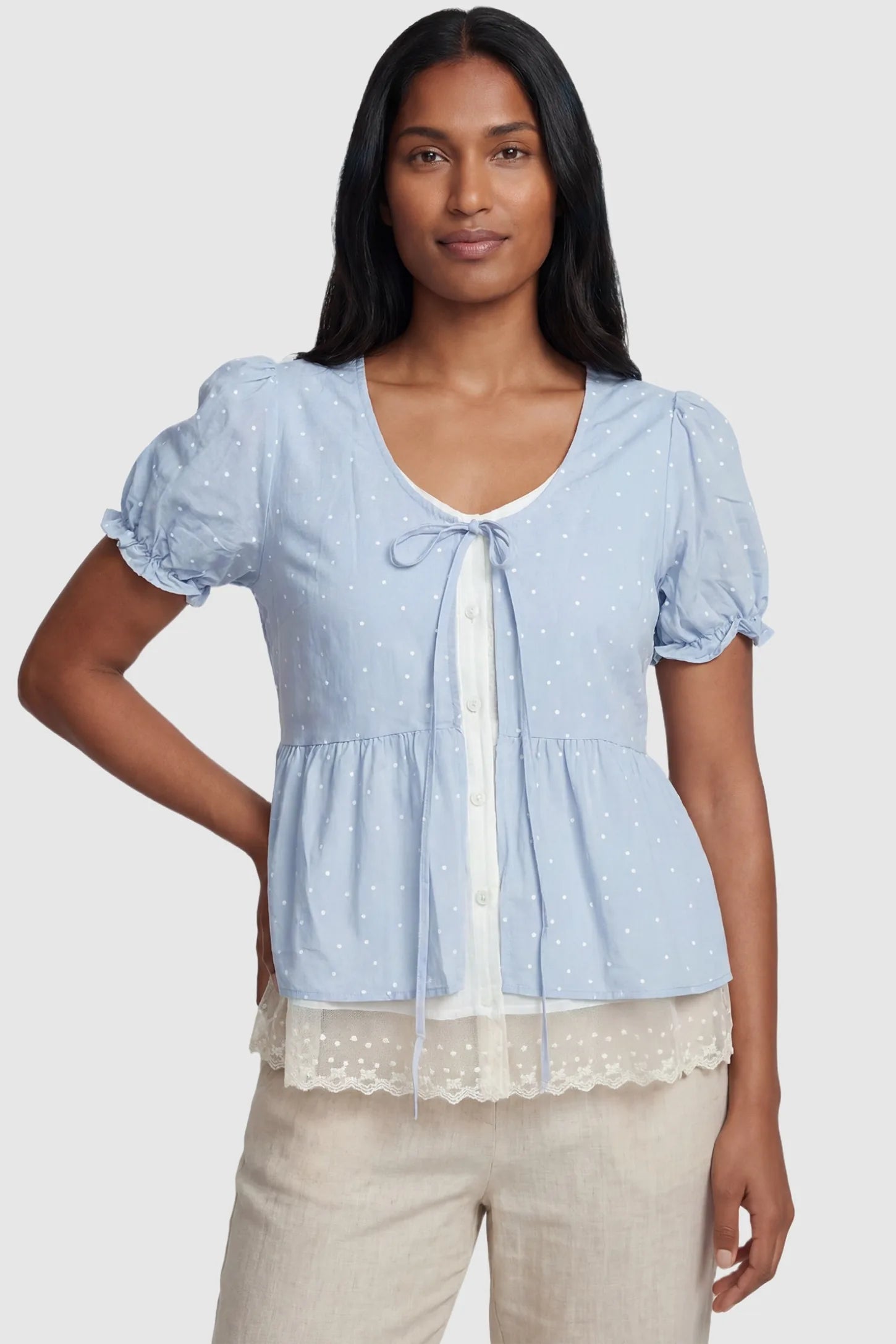 Laced Polka Dot Babydoll Maternity Blouse Laced Polka Dot Babydoll Maternity Blouse in Blue featuring a lace-trimmed hem on a postpartum model, front view.