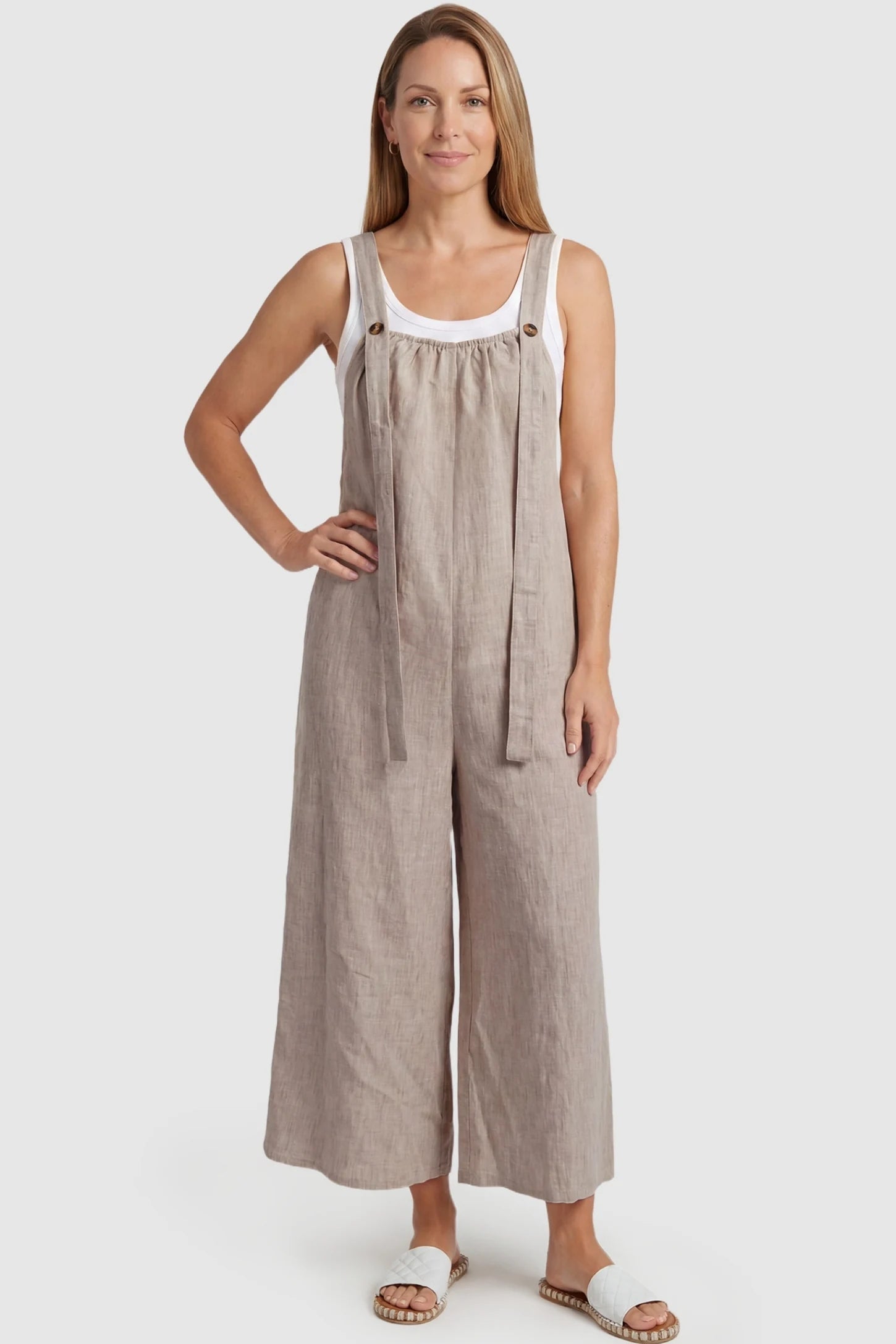 Loose Fit Wide Leg Sleeveless Maternity Jumpsuit Loose Fit Wide Leg Sleeveless Maternity Jumpsuit in Light Brown featuring a relaxed linen fit on a non-pregnant model, postpartum view.