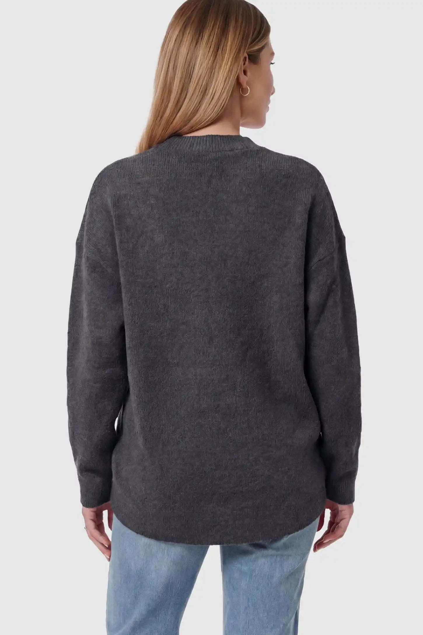 Mock Neck Long Sleeve Maternity Sweater Mock Neck Long Sleeve Maternity Sweater in Black thickened woolen fabric on a pregnant model showing back.