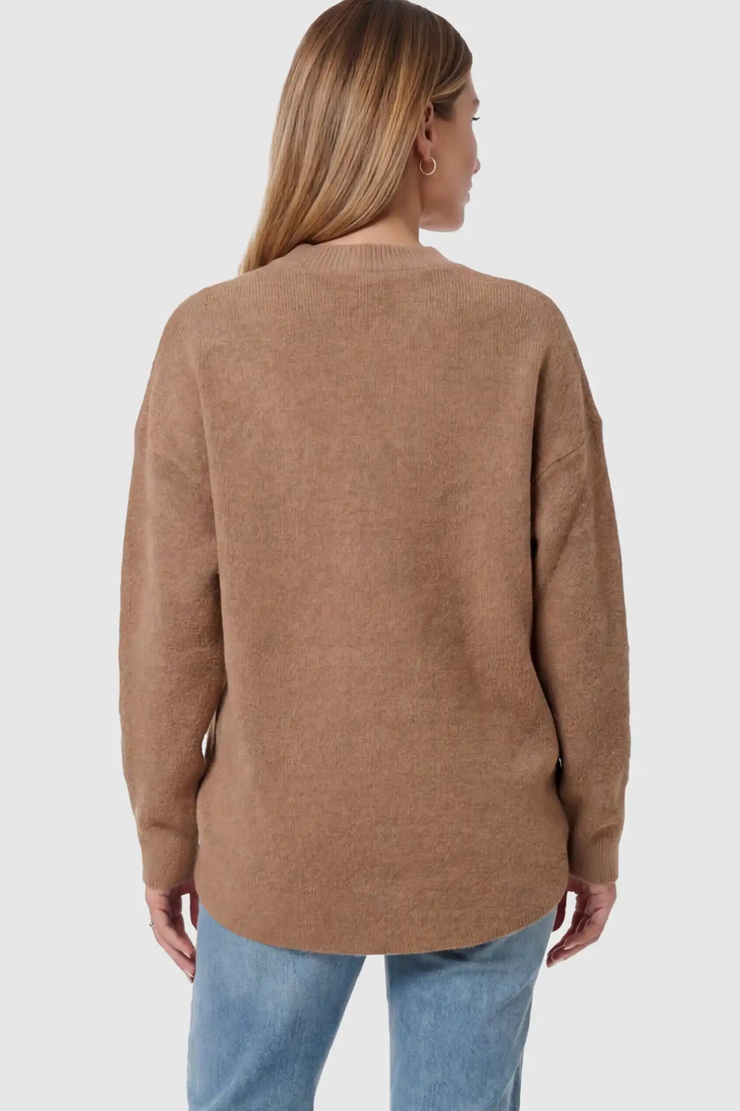 Mock Neck Long Sleeve Maternity Sweater Mock Neck Long Sleeve Maternity Sweater in Coffee thickened woolen fabric on a pregnant model showing back.