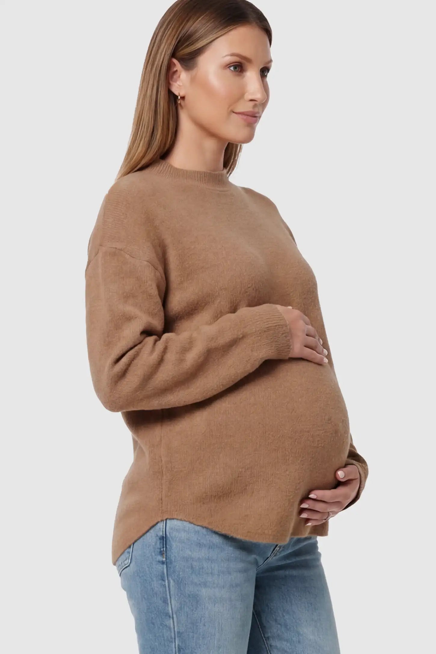 Mock Neck Long Sleeve Maternity Sweater Mock Neck Long Sleeve Maternity Sweater in Coffee thickened woolen fabric on a pregnant model showing side.