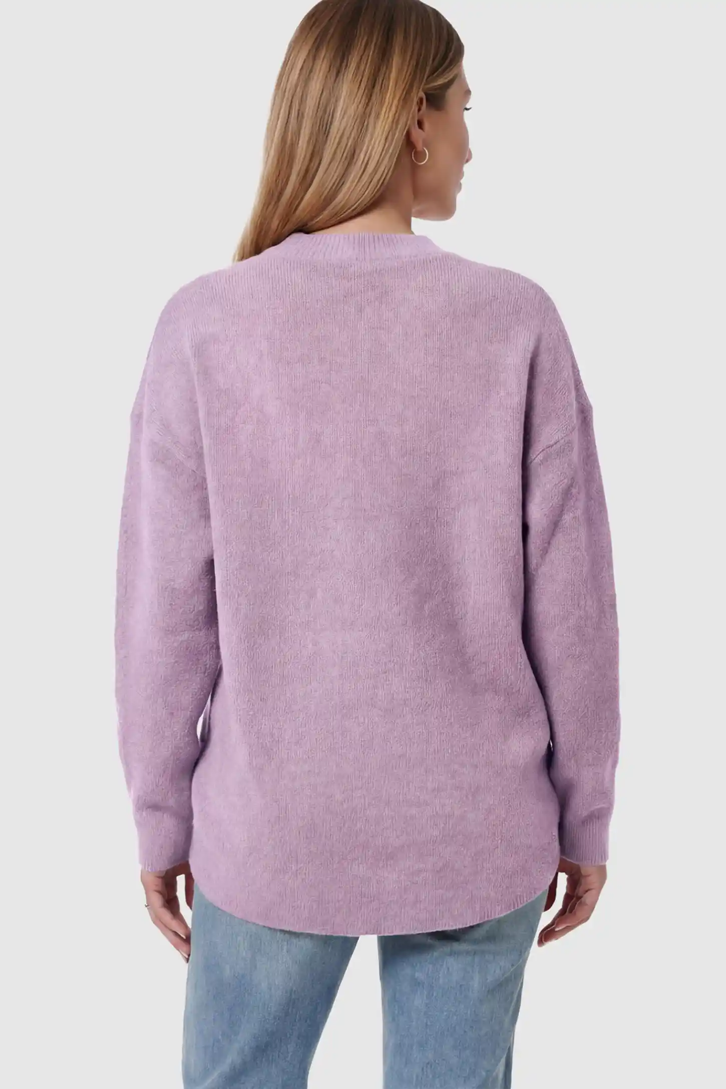Mock Neck Long Sleeve Maternity Sweater Mock Neck Long Sleeve Maternity Sweater in Lavender thickened woolen fabric on a pregnant model showing back.