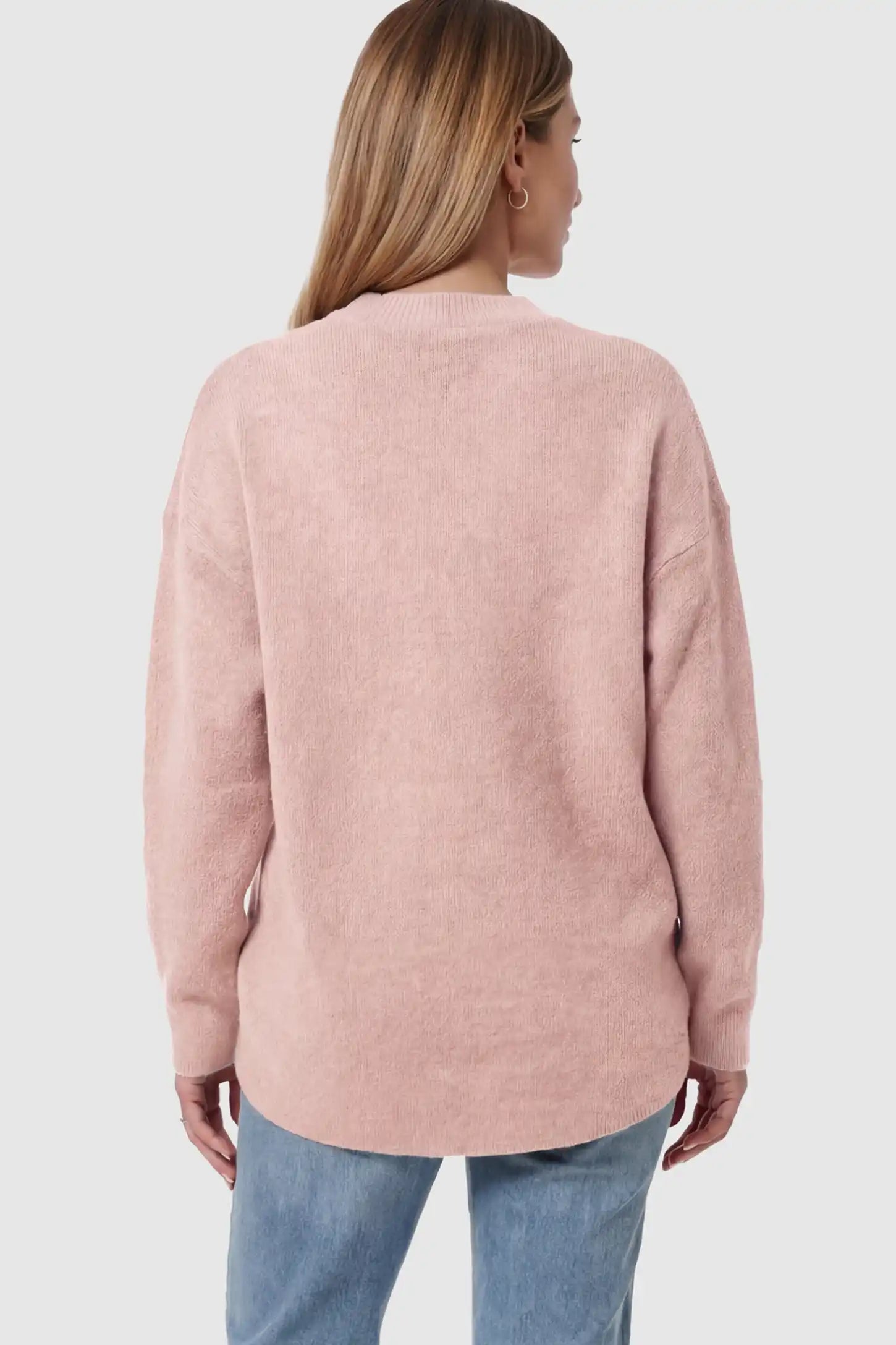 Mock Neck Long Sleeve Maternity Sweater Mock Neck Long Sleeve Maternity Sweater in Pink thickened woolen fabric on a pregnant model showing back.