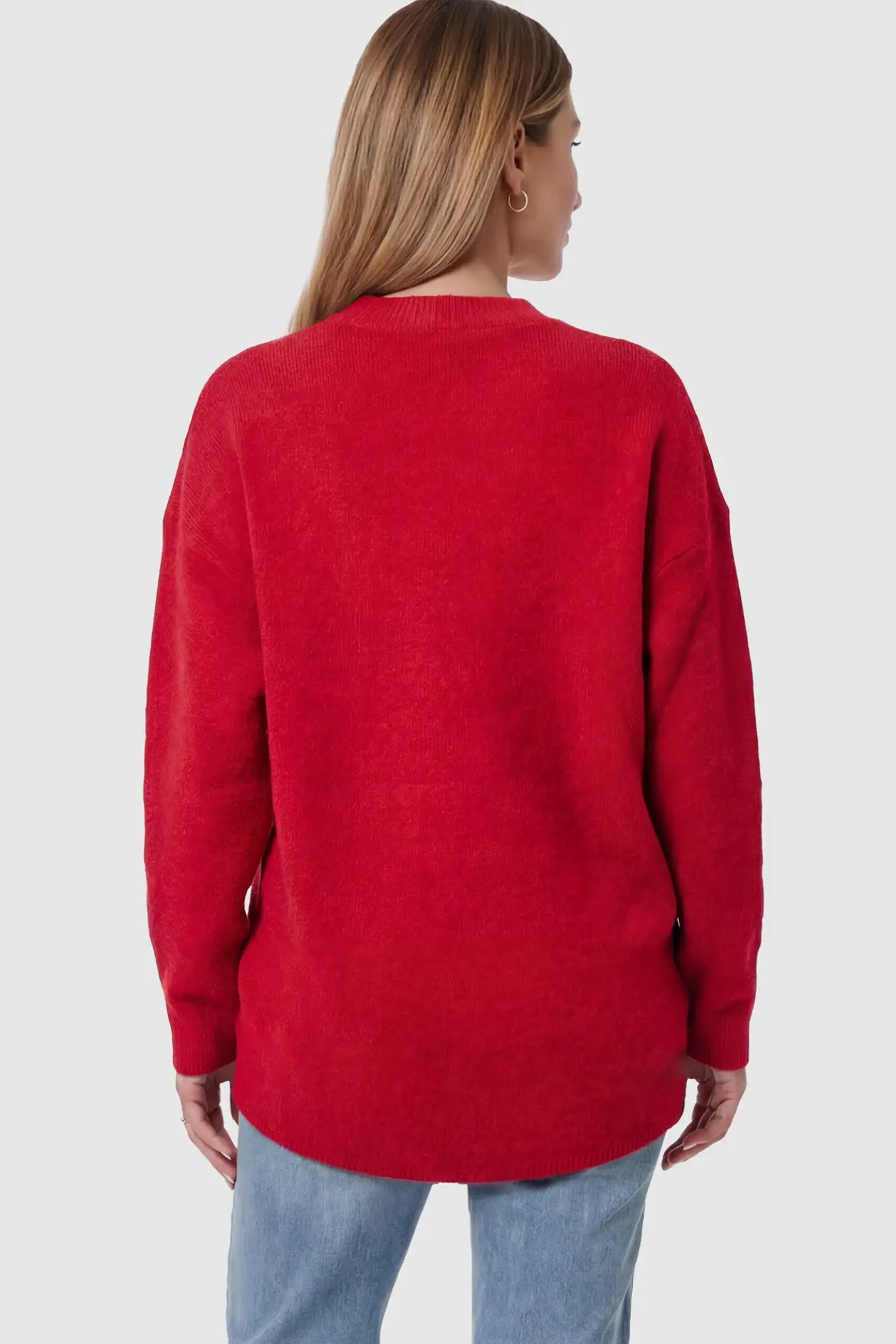 Mock Neck Long Sleeve Maternity Sweater Mock Neck Long Sleeve Maternity Sweater in Red thickened woolen fabric on a pregnant model showing back.