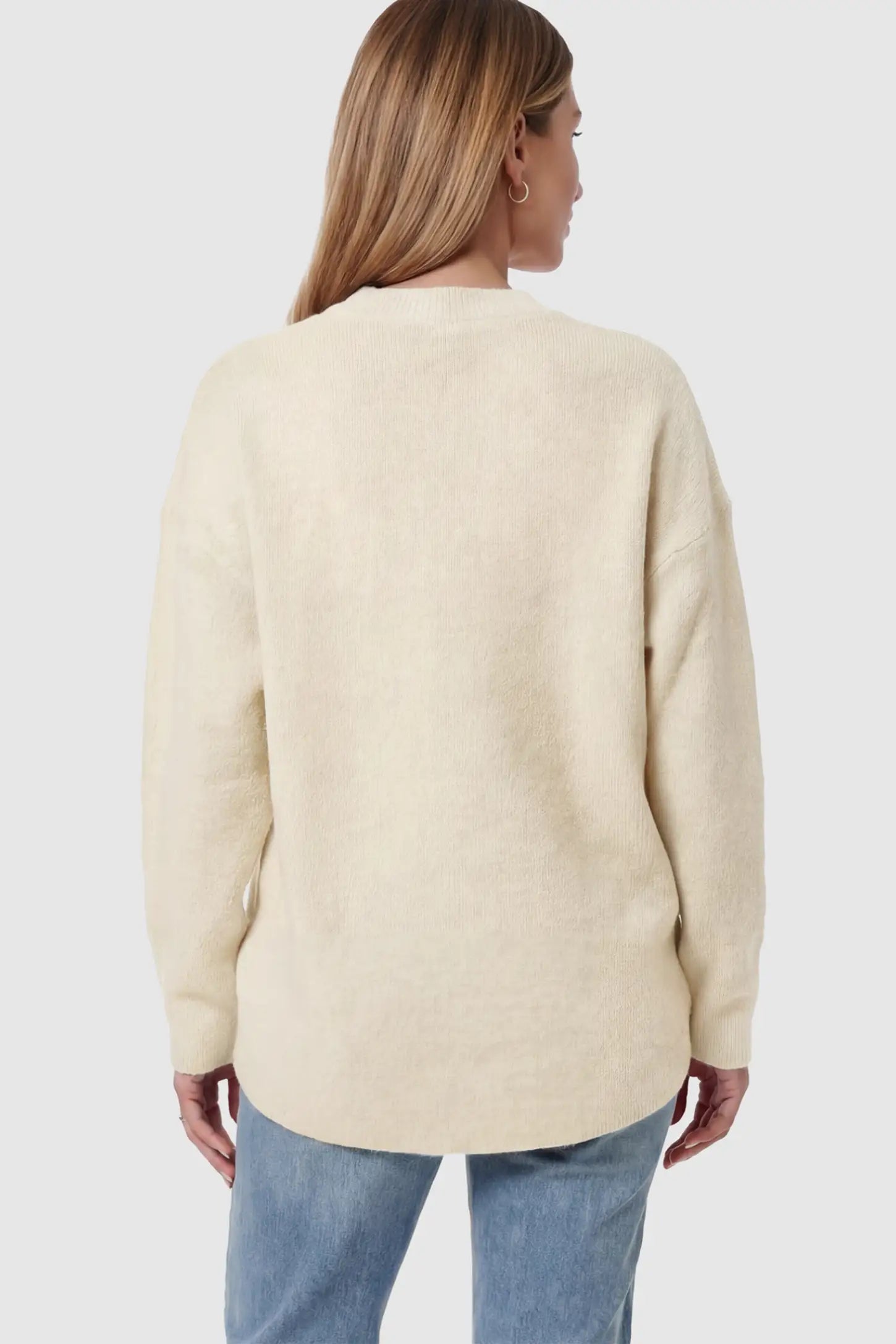 Mock Neck Long Sleeve Maternity Sweater Mock Neck Long Sleeve Maternity Sweater in White thickened woolen fabric on a pregnant model showing back.