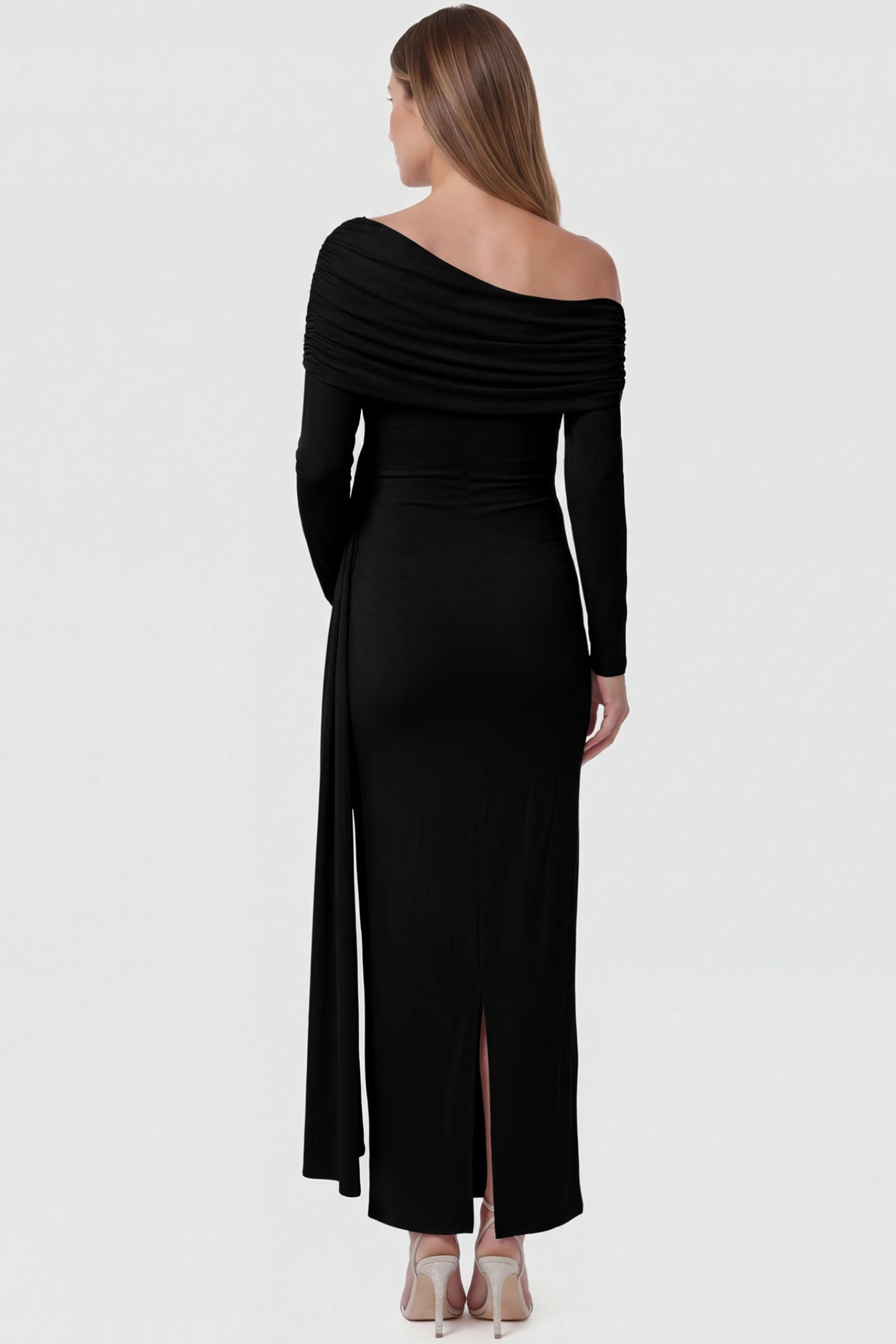 Off Shoulder Draped Wrap Bodycon Maternity Maxi Dress Off Shoulder Draped Wrap Bodycon Maternity Maxi Dress in Black featuring side ruching and long sleeves on a pregnant model back view.