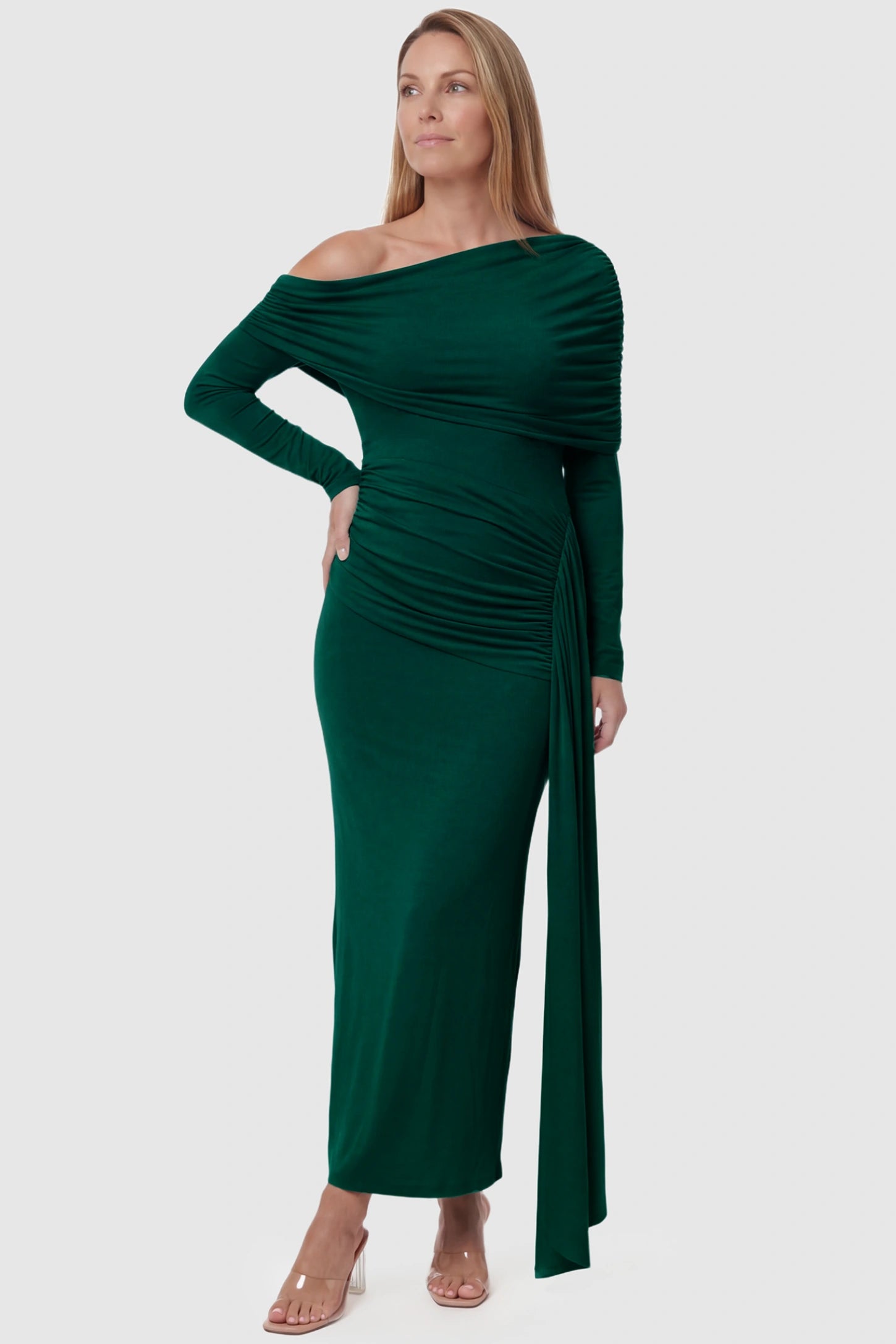 Off Shoulder Draped Wrap Bodycon Maternity Maxi Dress Off Shoulder Draped Wrap Bodycon Maternity Maxi Dress in Green featuring side ruching and long sleeves on a postpartum model, front view.