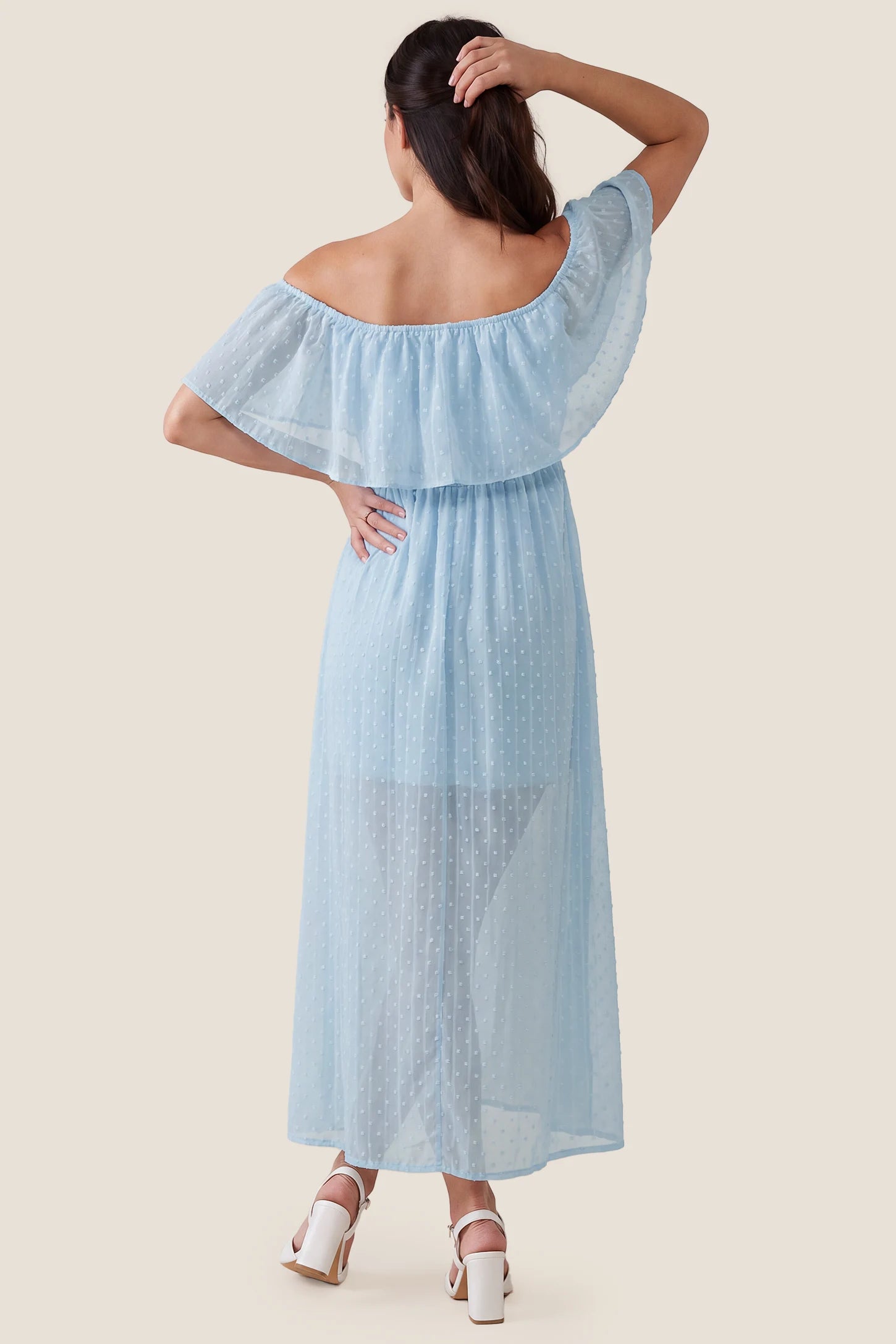 Off Shoulder Elastic Waist A-Line Maternity Maxi Dress Off Shoulder Elastic Waist A-Line Maternity Maxi Dress in Baby Blue showcasing the flowy silhouette on a pregnant model, studio back view.