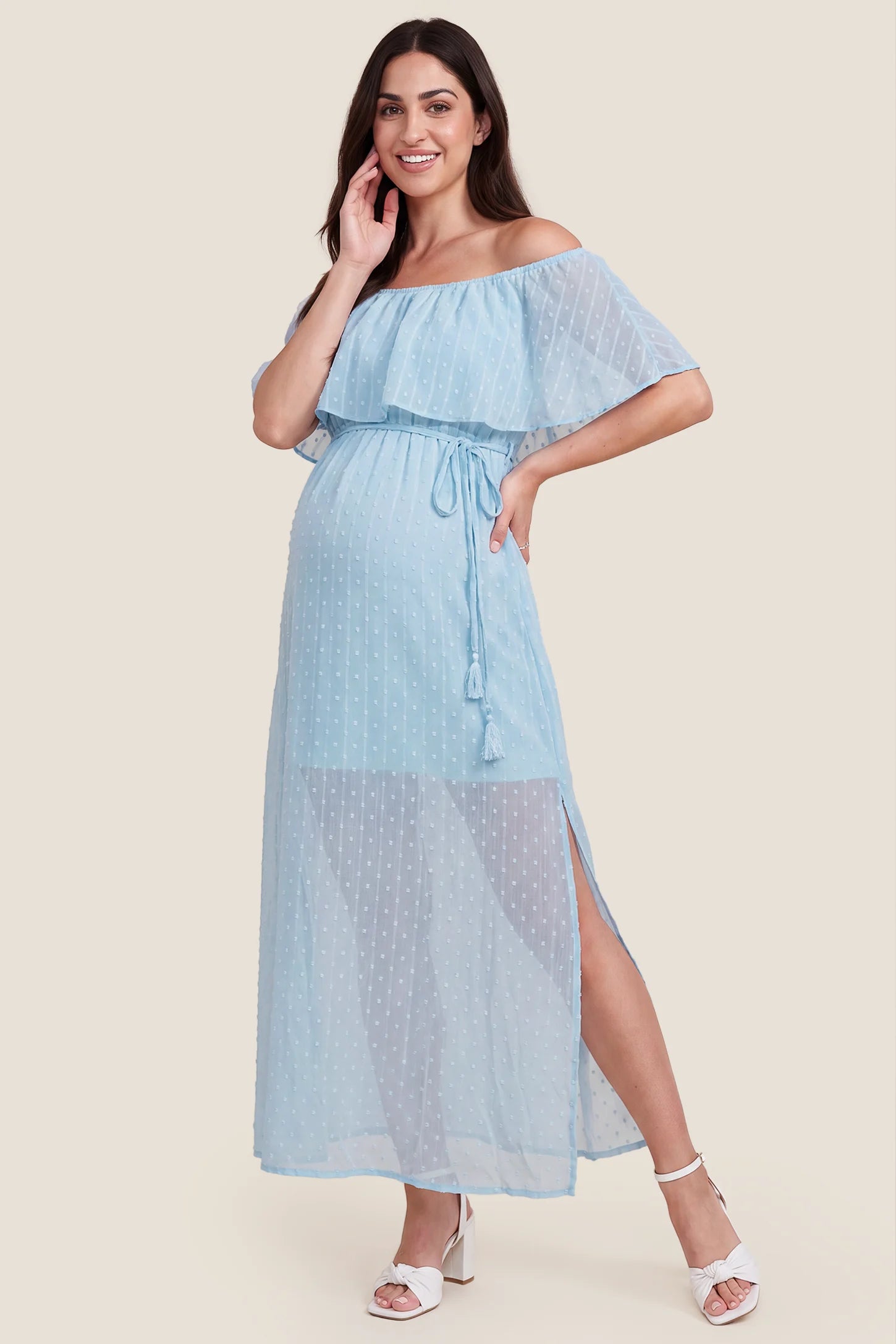 Off Shoulder Elastic Waist A-Line Maternity Maxi Dress Off Shoulder Elastic Waist A-Line Maternity Maxi Dress in Baby Blue on a pregnant model, studio front view.