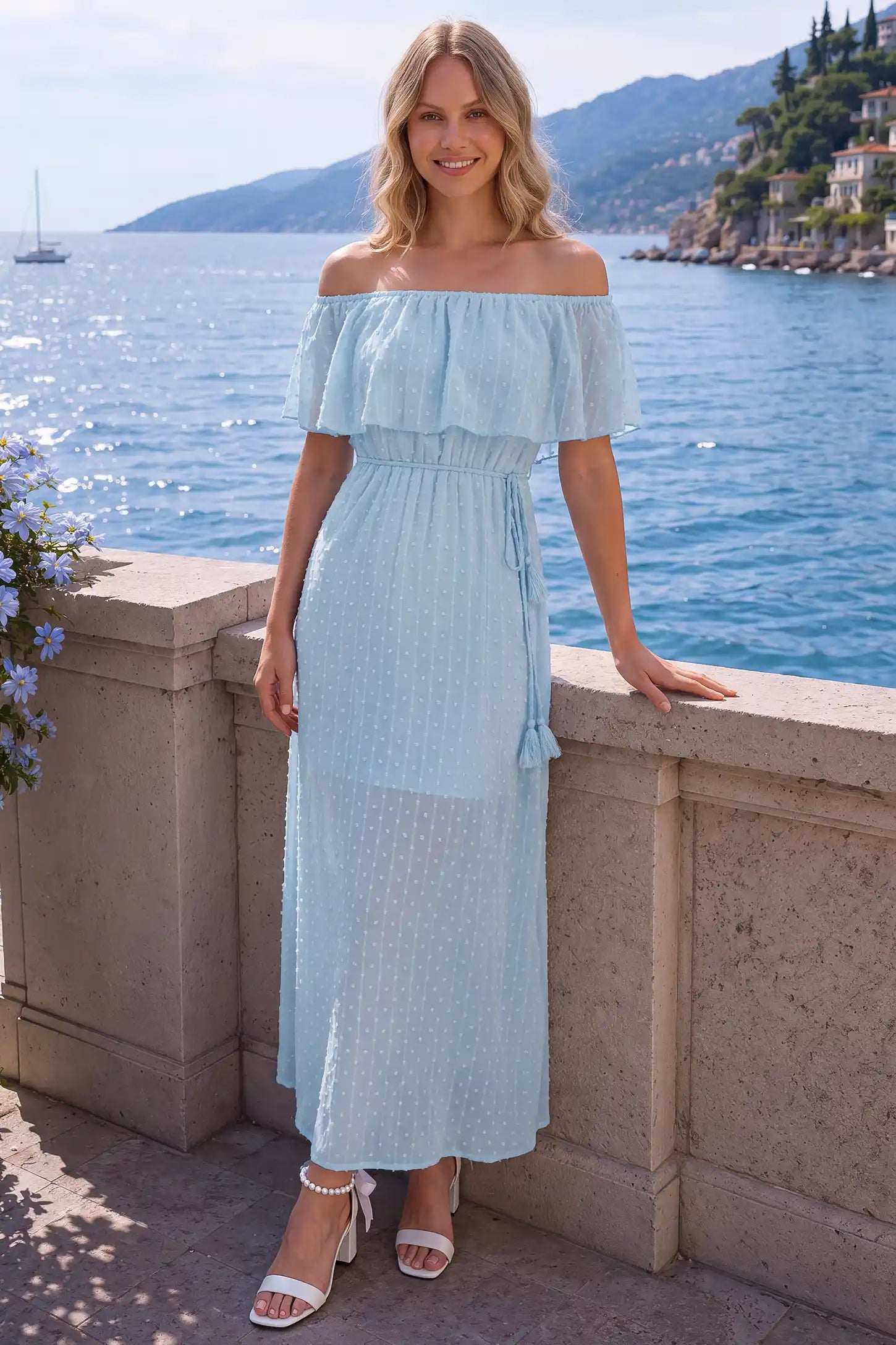 Off Shoulder Elastic Waist A-Line Maternity Maxi Dress Off Shoulder Elastic Waist A-Line Maternity Maxi Dress in Baby Blue showcasing versatile postpartum style, lifestyle view on a non pregnant model.