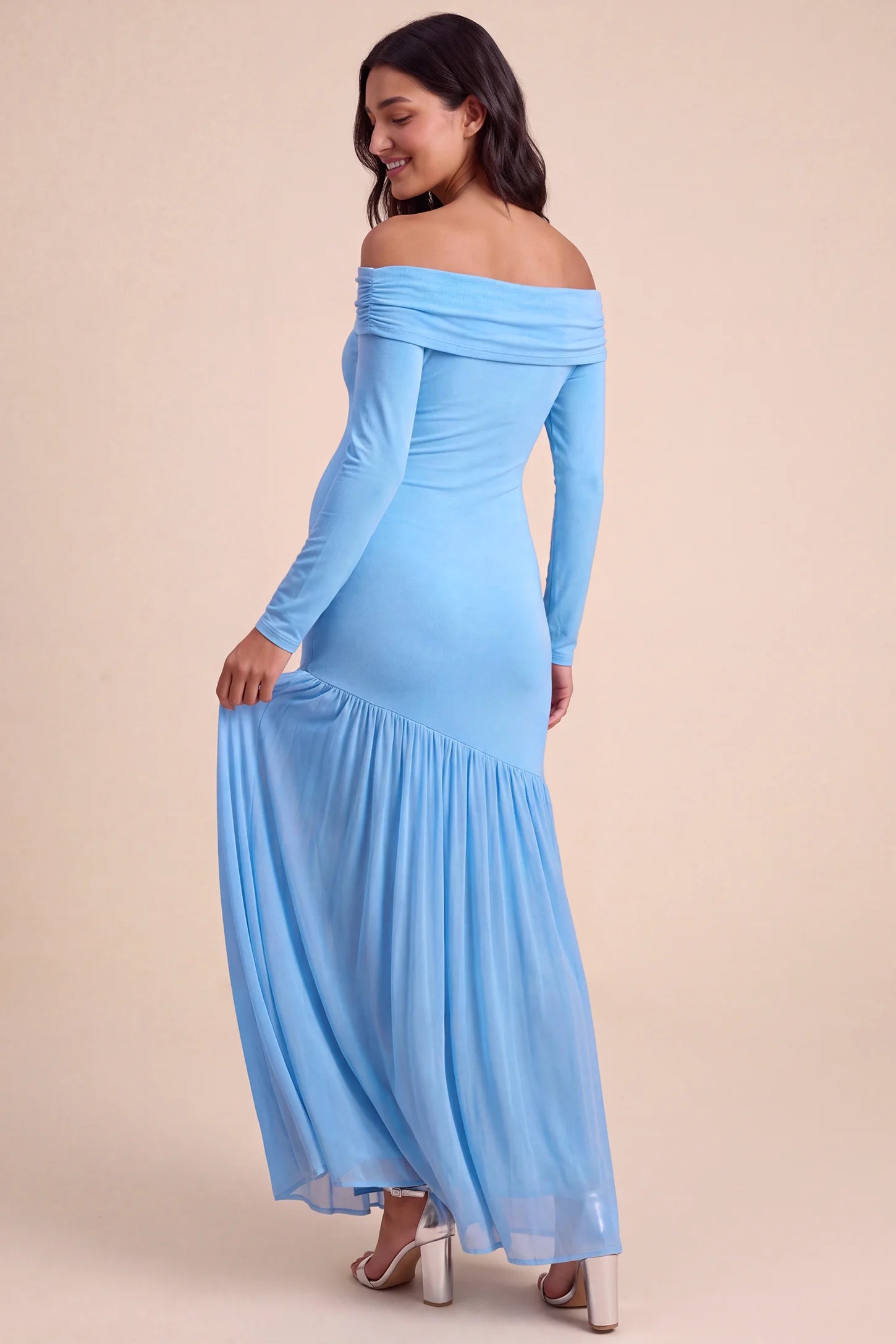 Off Shoulder Long Sleeve Split Maternity Maxi Dress Off Shoulder Long Sleeve Split Maternity Maxi Dress in Baby Blue showcasing the body-hugging silhouette on a pregnant model, studio back view.