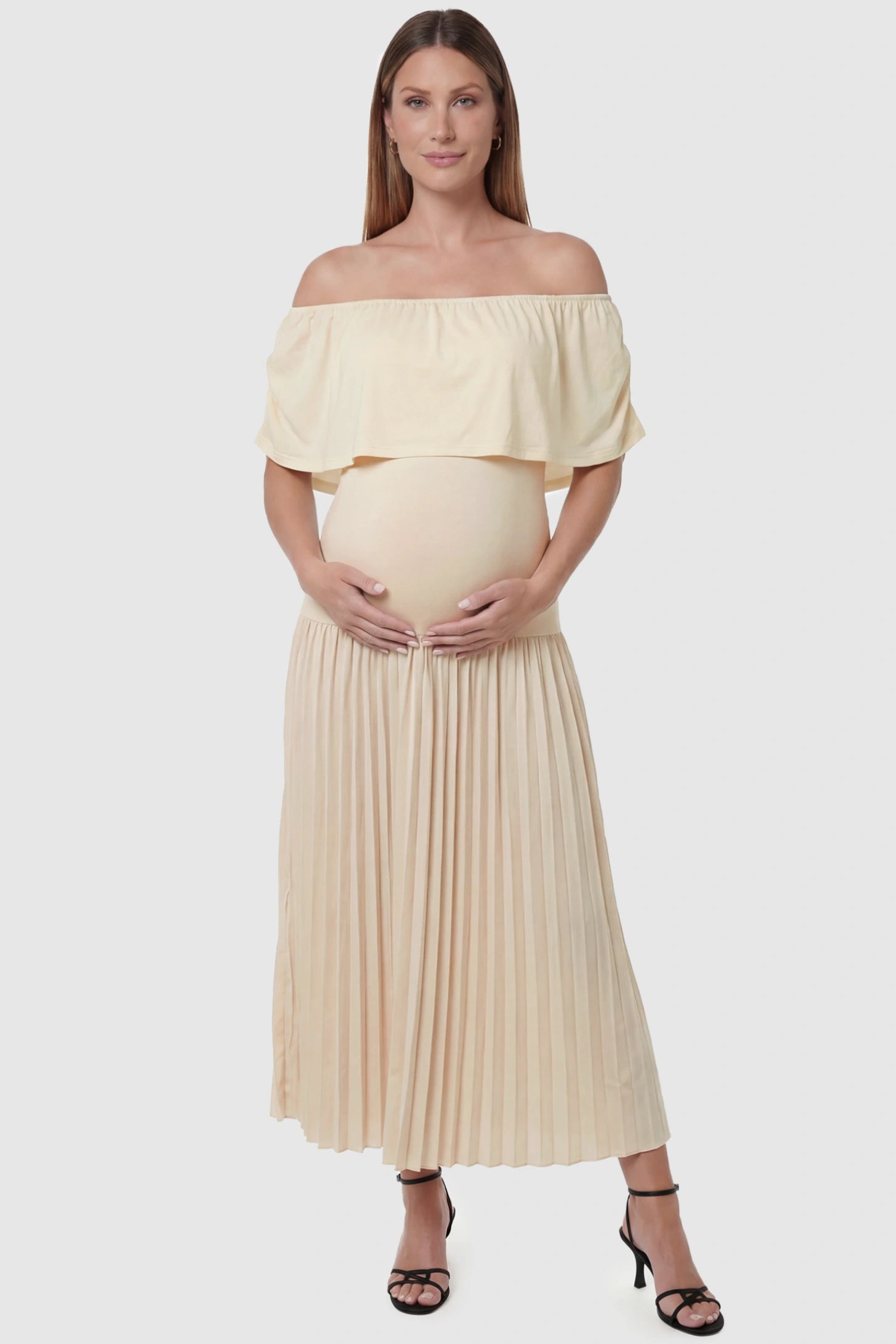 Pleated Off Shoulder Maternity Maxi Dress