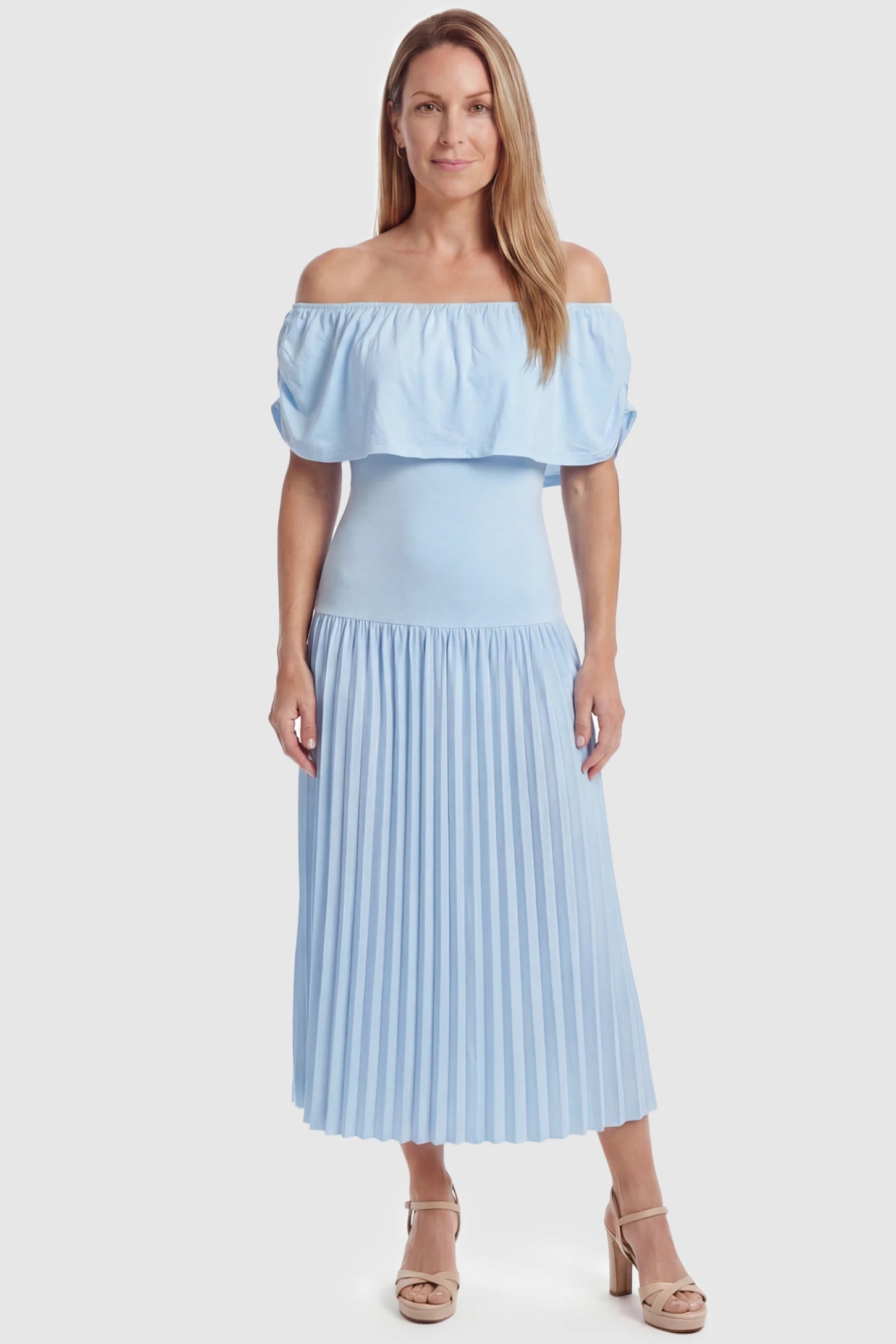 Pleated Off Shoulder Maternity Maxi Dress Pleated Off Shoulder Maternity Maxi Dress  in Light Blue featuring a high stretch pleated maxi skirt on a postpartum model, front view.