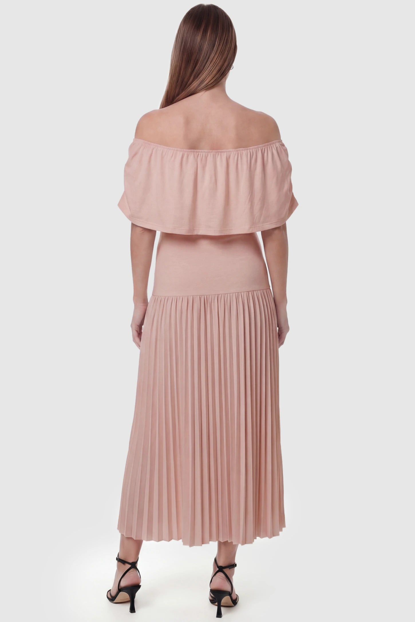 Pleated Off Shoulder Maternity Maxi Dress Pleated Off Shoulder Maternity Maxi Dress  in Pink featuring a high stretch pleated maxi skirt on a pregnant model, back view.