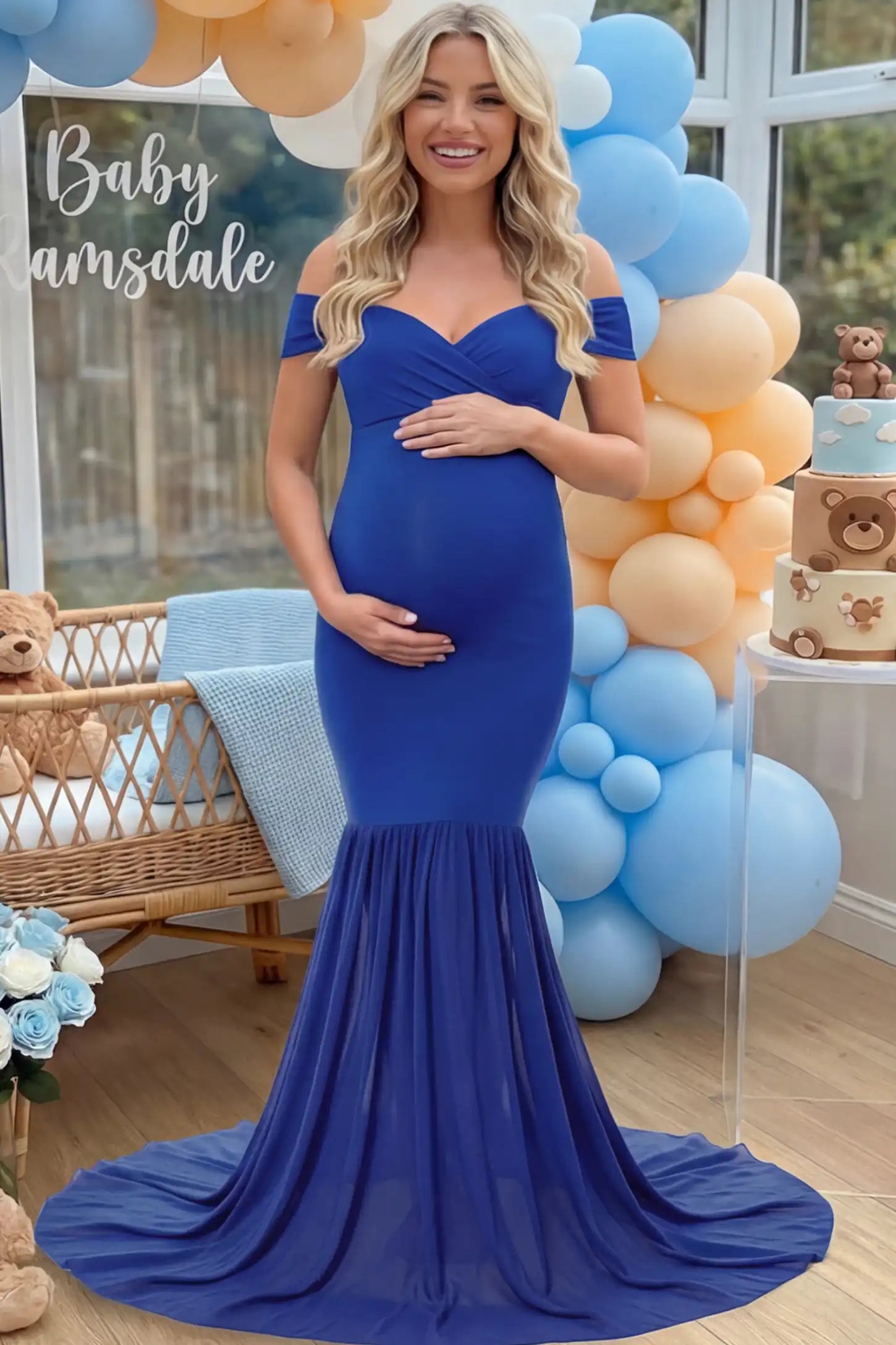 Solid Off Shoulder Mermaid Maternity Photoshoot Gown Solid Off Shoulder Mermaid Maternity Photoshoot Gown in dark blue featuring a sweetheart neckline and dramatic pleated train on a pregnant woman.