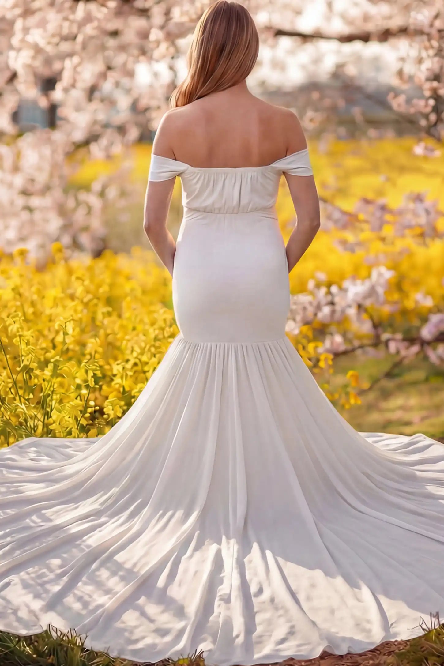 Solid Off Shoulder Mermaid Maternity Photoshoot Gown Solid Off Shoulder Mermaid Maternity Photoshoot Gown in white featuring dramatic pleated train on a pregnant model showing back.