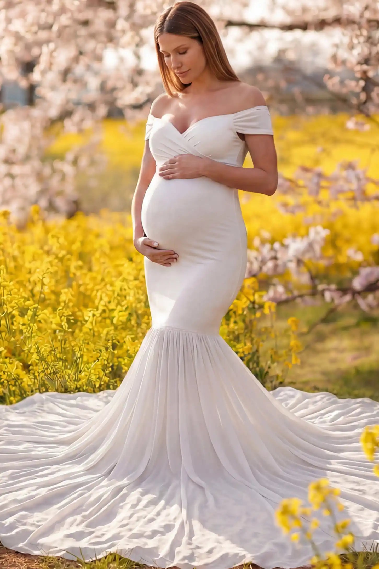 Solid Off Shoulder Mermaid Maternity Photoshoot Gown Solid Off Shoulder Mermaid Maternity Photoshoot Gown in white featuring a sweetheart neckline and dramatic pleated train on a pregnant model showing front.
