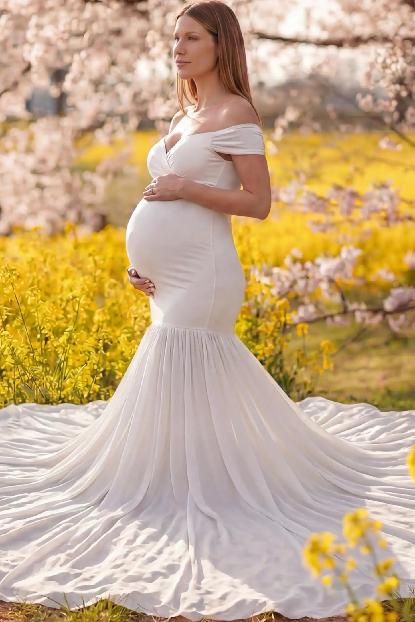 Solid Off Shoulder Mermaid Maternity Photoshoot Gown Solid Off Shoulder Mermaid Maternity Photoshoot Gown in white featuring a sweetheart neckline and dramatic pleated train on a pregnant model showing side.