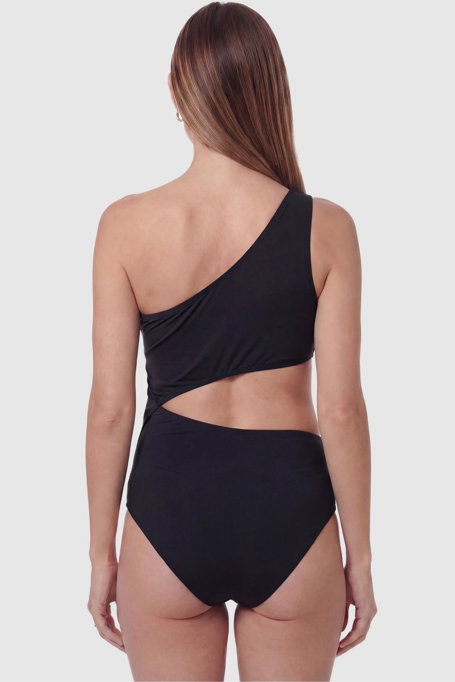 One-Shoulder Cutout Maternity Monokini One-Shoulder Cutout Maternity Monokini in Black featuring a sleek open-back design on a pregnant model, back view.