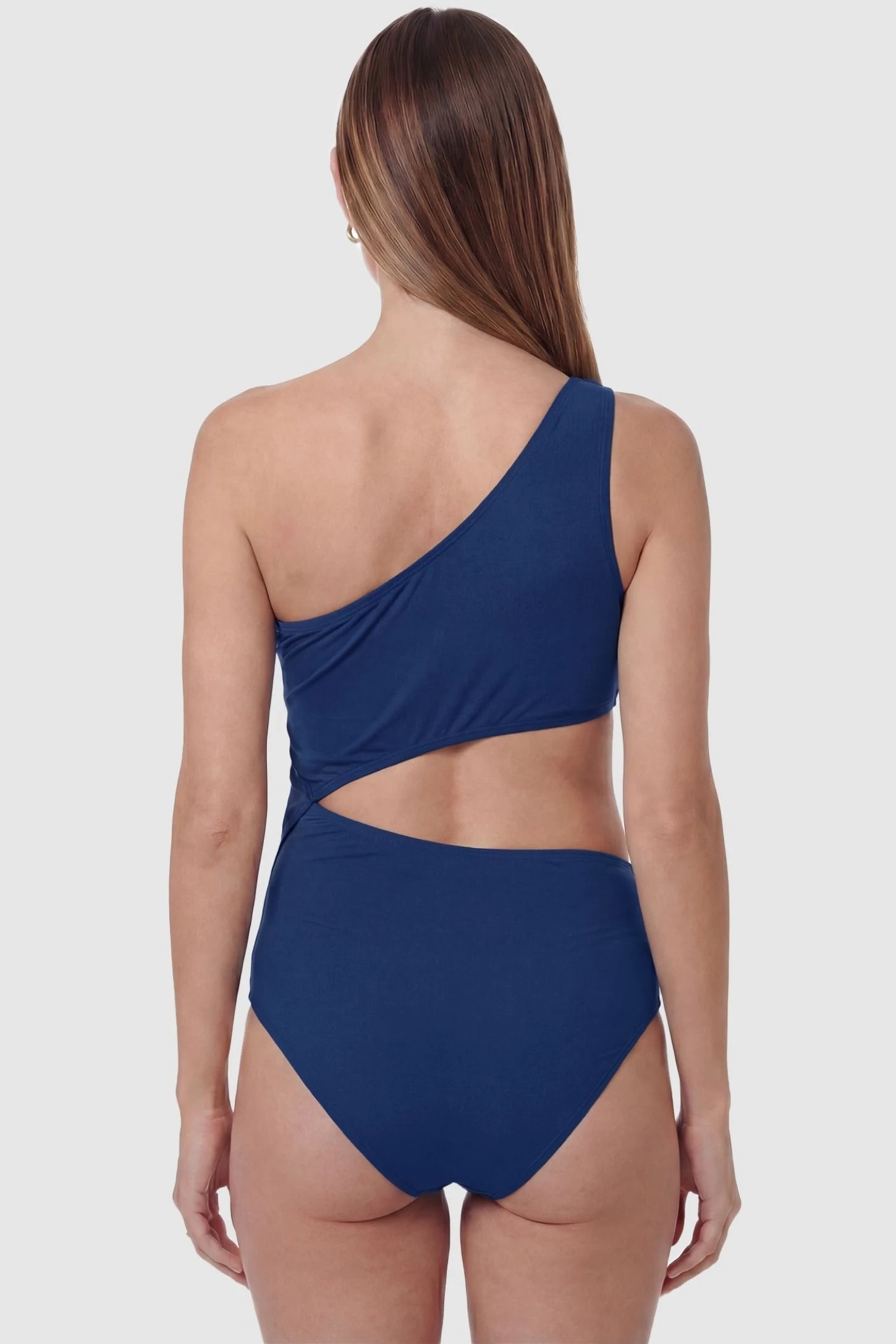 One-Shoulder Cutout Maternity Monokini One-Shoulder Cutout Maternity Monokini in Blue featuring a modern asymmetrical back on a pregnant model, back view.
