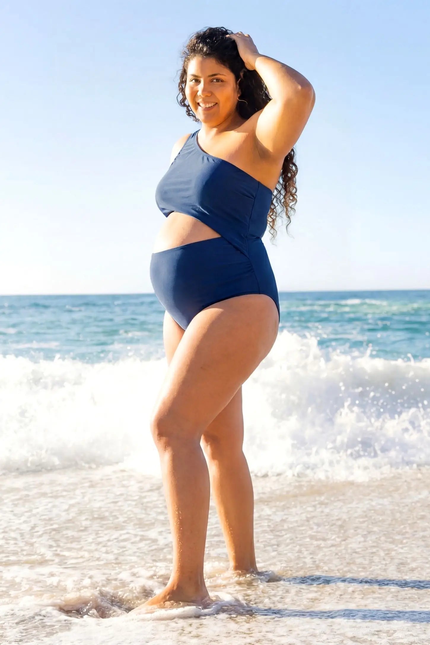 One-Shoulder Cutout Maternity Monokini One-Shoulder Cutout Maternity Monokini in Blue featuring high-stretch material on a pregnant model.