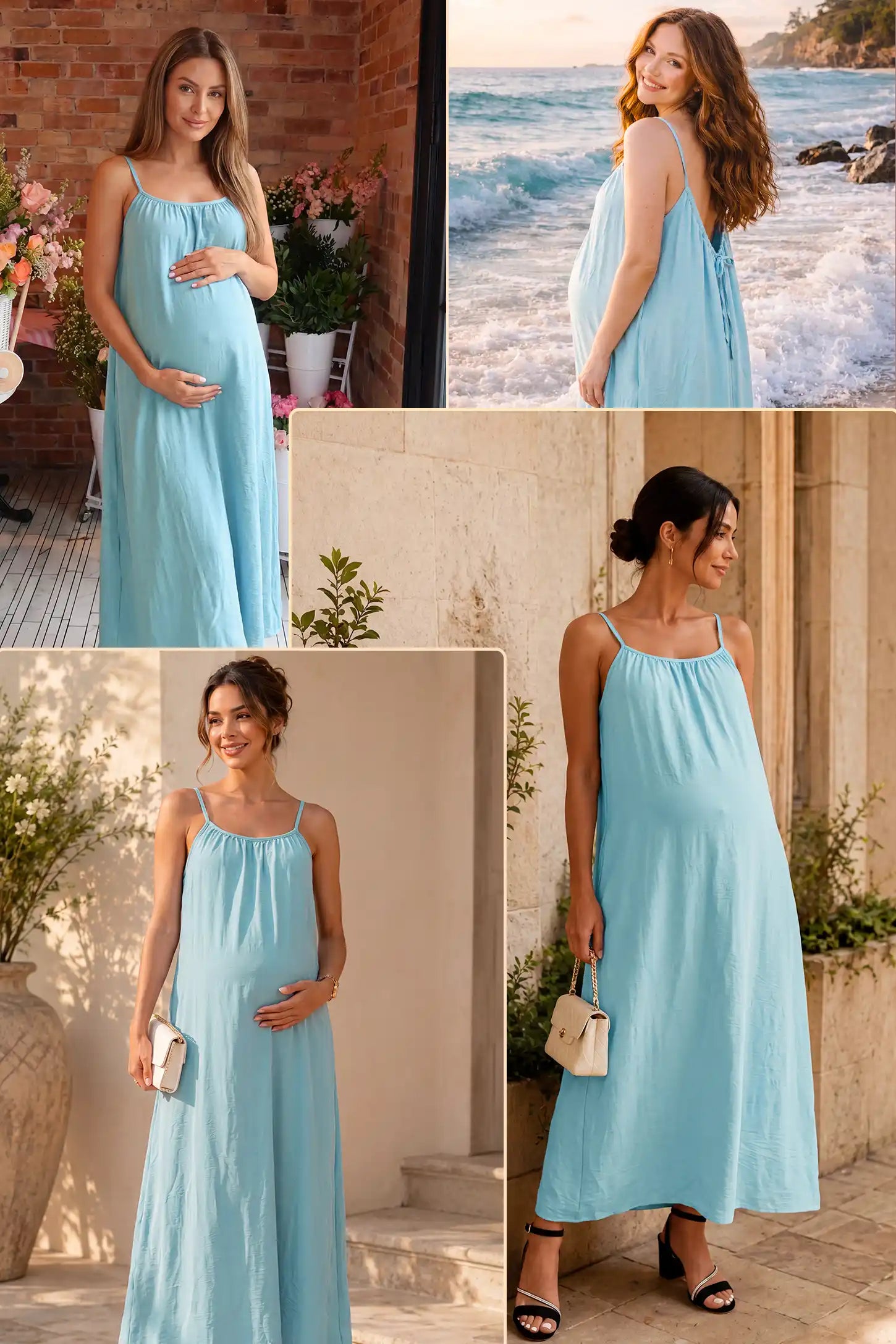 Open Back Flowy Cami Maternity Dress Open Back Flowy Cami Long Maternity Dress in Midnight Blue with an open back design, lifestyle view on a pregnant model.