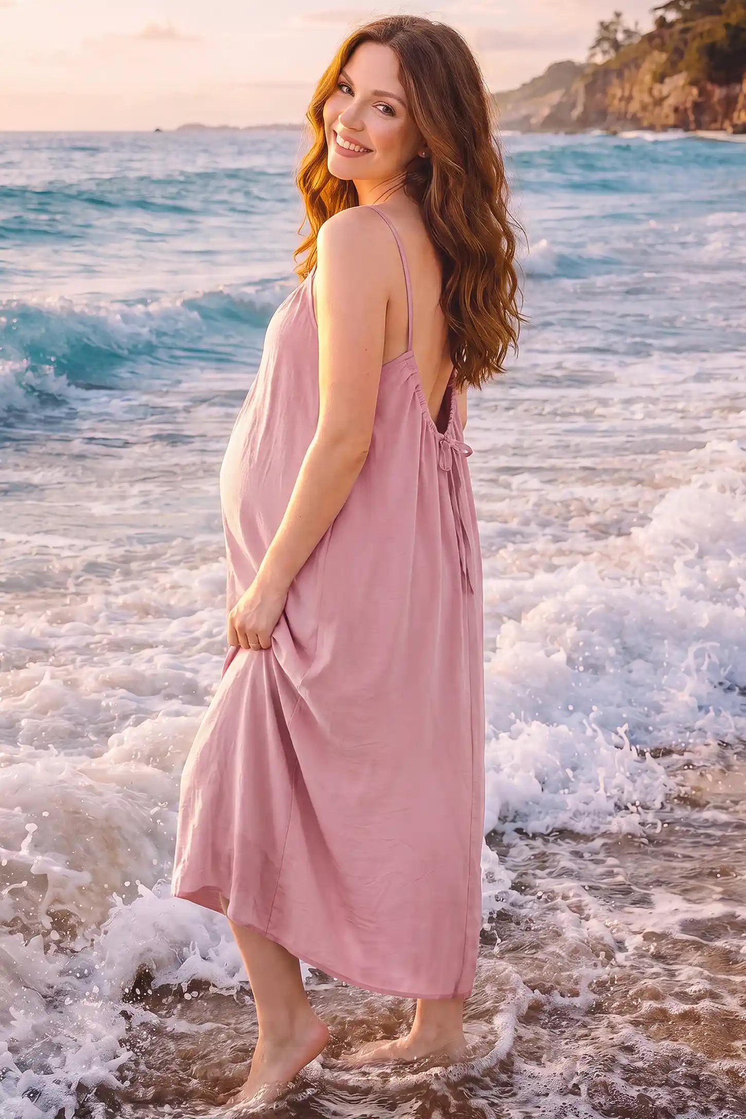 Open Back Flowy Cami Maternity Dress Open Back Flowy Cami Maternity Dress in Pink Striped long length with a stylish striped pattern, lifestyle side view on a pregnant model.