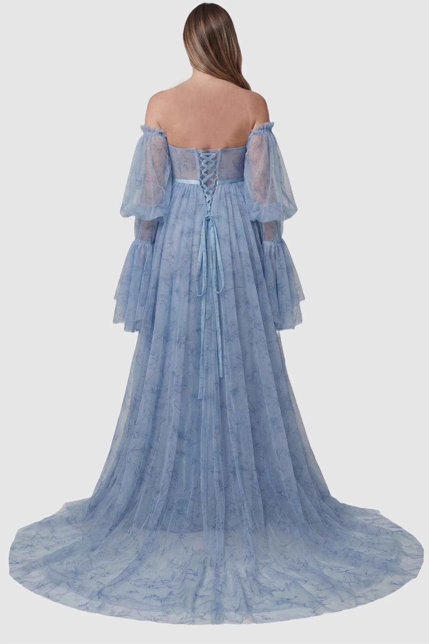 Organza Tie-Back Off-Shoulder Long Sleeve Maternity Gown Organza Tie-Back Off-Shoulder Maternity Gown in Blue featuring a lace-up tie-back on a pregnant model, back view.