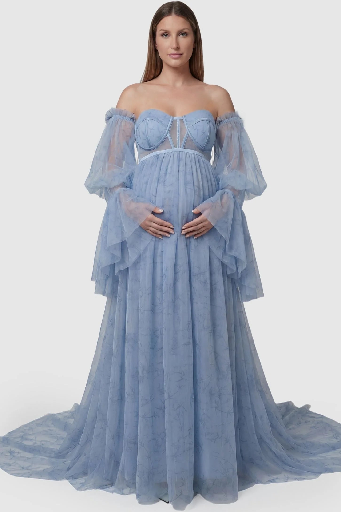 Organza Tie-Back Off-Shoulder Maternity Gown in Blue featuring a corset-style bodice on a pregnant model, front view.
