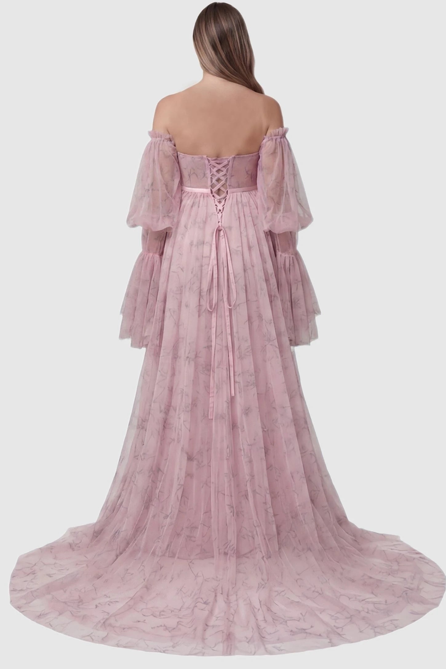 Organza Tie-Back Off-Shoulder Long Sleeve Maternity Gown Organza Tie-Back Off-Shoulder Maternity Gown in Pink featuring a dainty ribbon tie-back on a pregnant model, back view.