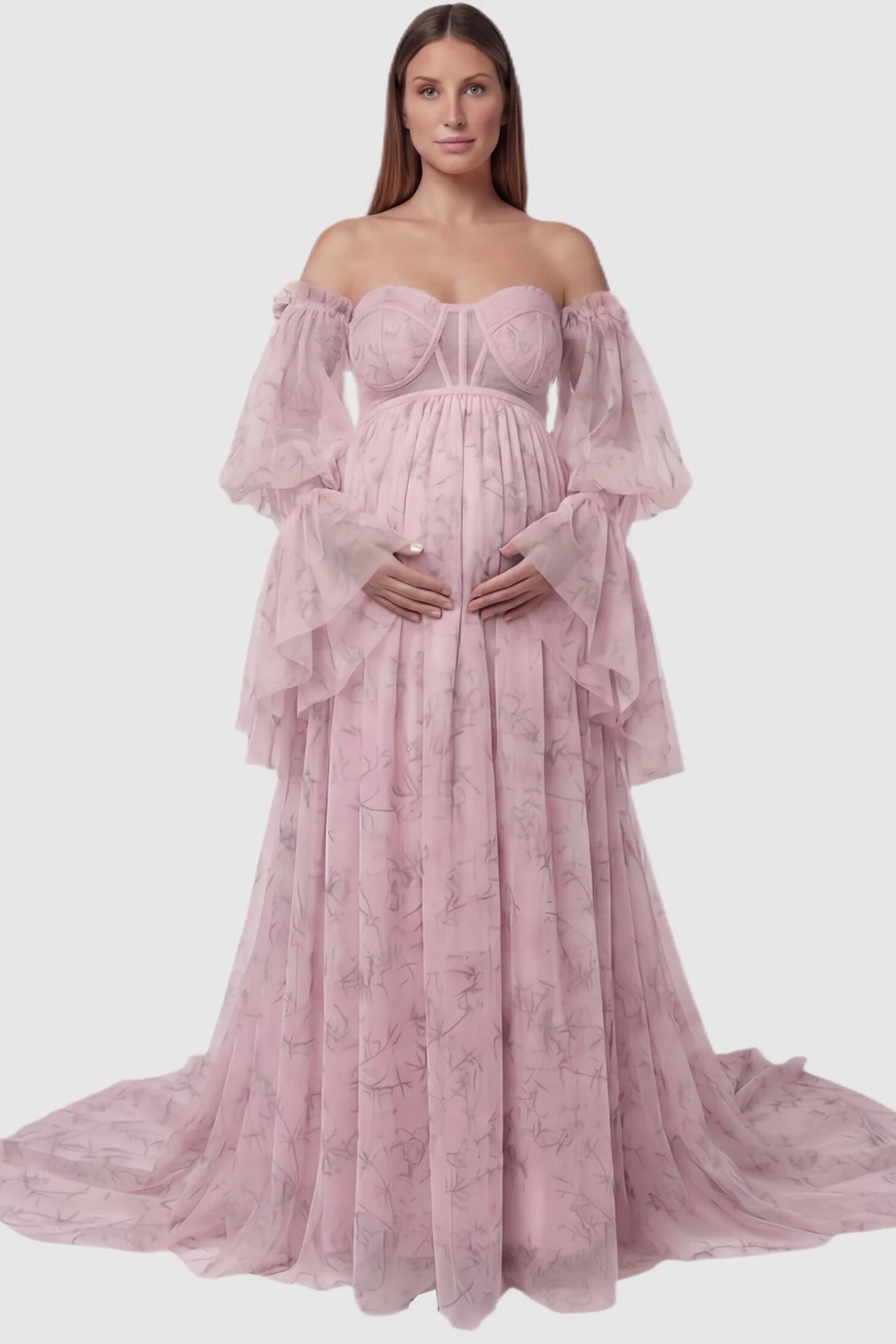 Organza Tie-Back Off-Shoulder Long Sleeve Maternity Gown Organza Tie-Back Off-Shoulder Maternity Gown in Pink featuring a structured sweetheart neck on a pregnant model, front view.