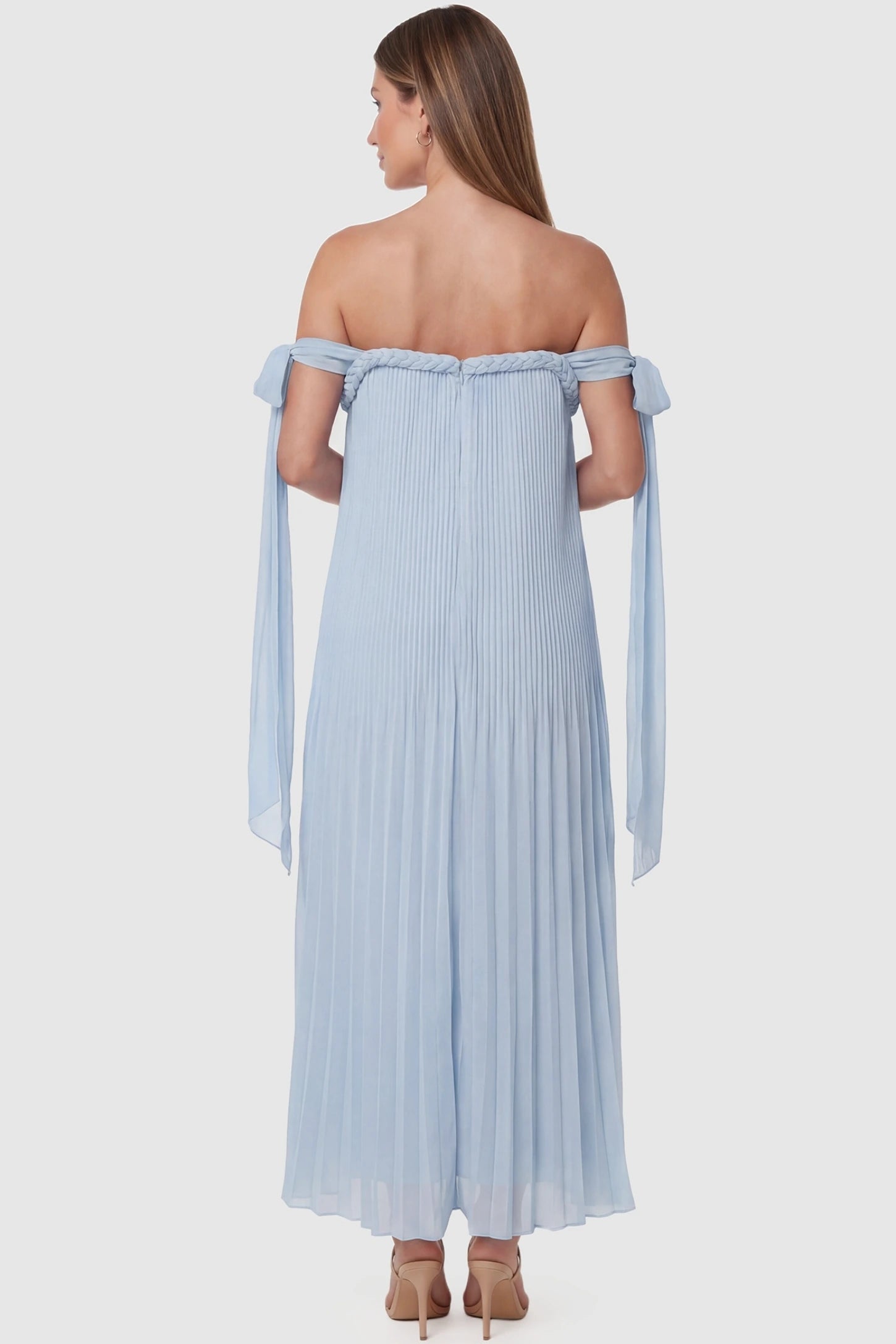 Pleated Braided Cold-Shoulder Maxi Maternity Gown Pleated Braided Cold-Shoulder Maxi Maternity Gown in Blue featuring a braided back neckline detail on a pregnant model, back view.