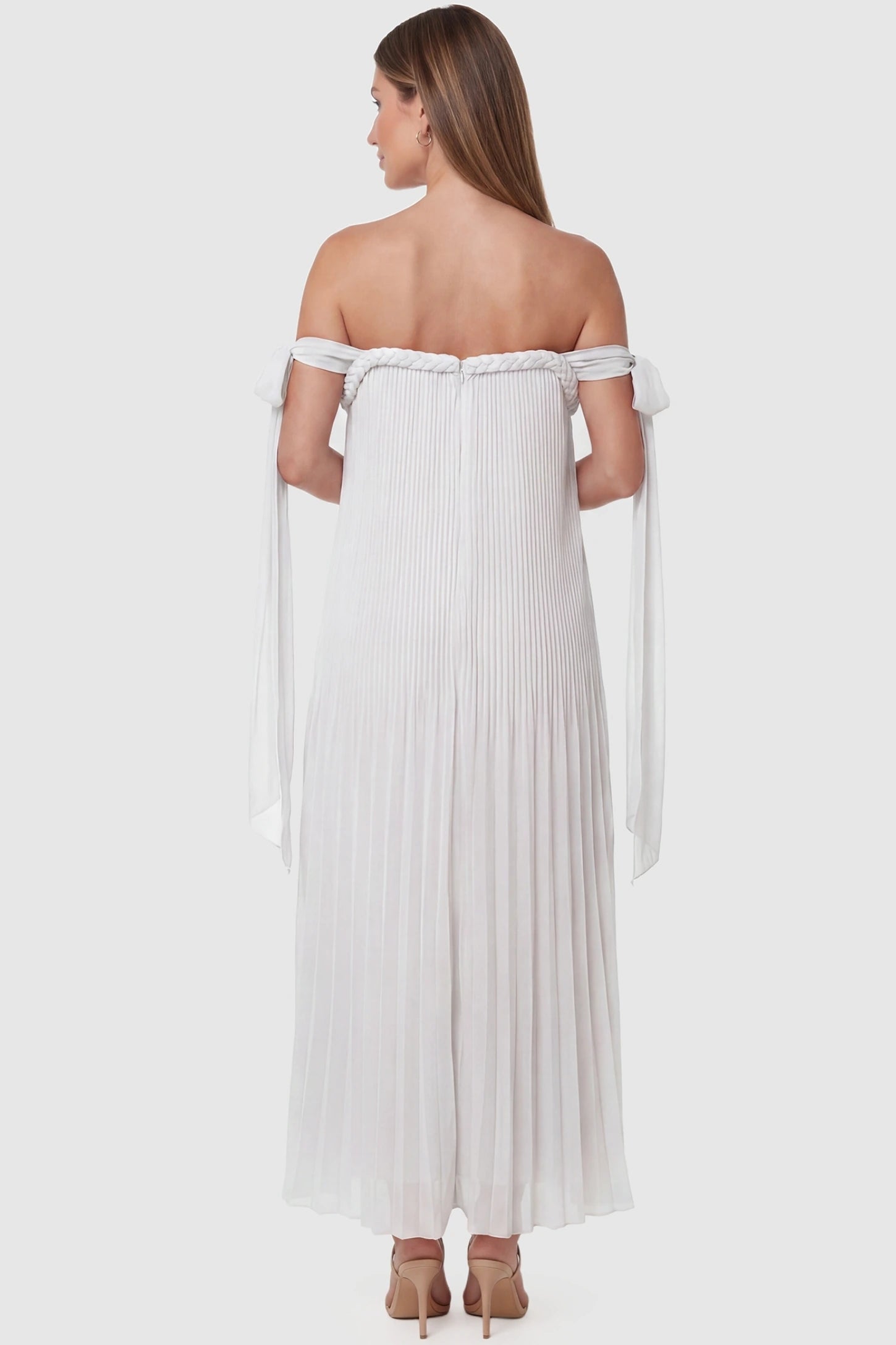 Pleated Braided Cold-Shoulder Maxi Maternity Gown Pleated Braided Cold-Shoulder Maxi Maternity Gown in White featuring a braided back neckline detail on a pregnant model, back view.