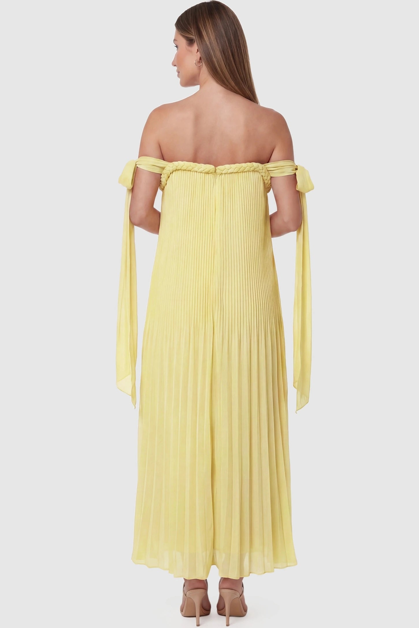 Pleated Braided Cold-Shoulder Maxi Maternity Gown Pleated Braided Cold-Shoulder Maxi Maternity Gown in Yellow featuring a braided back neckline detail on a pregnant model, back view.
