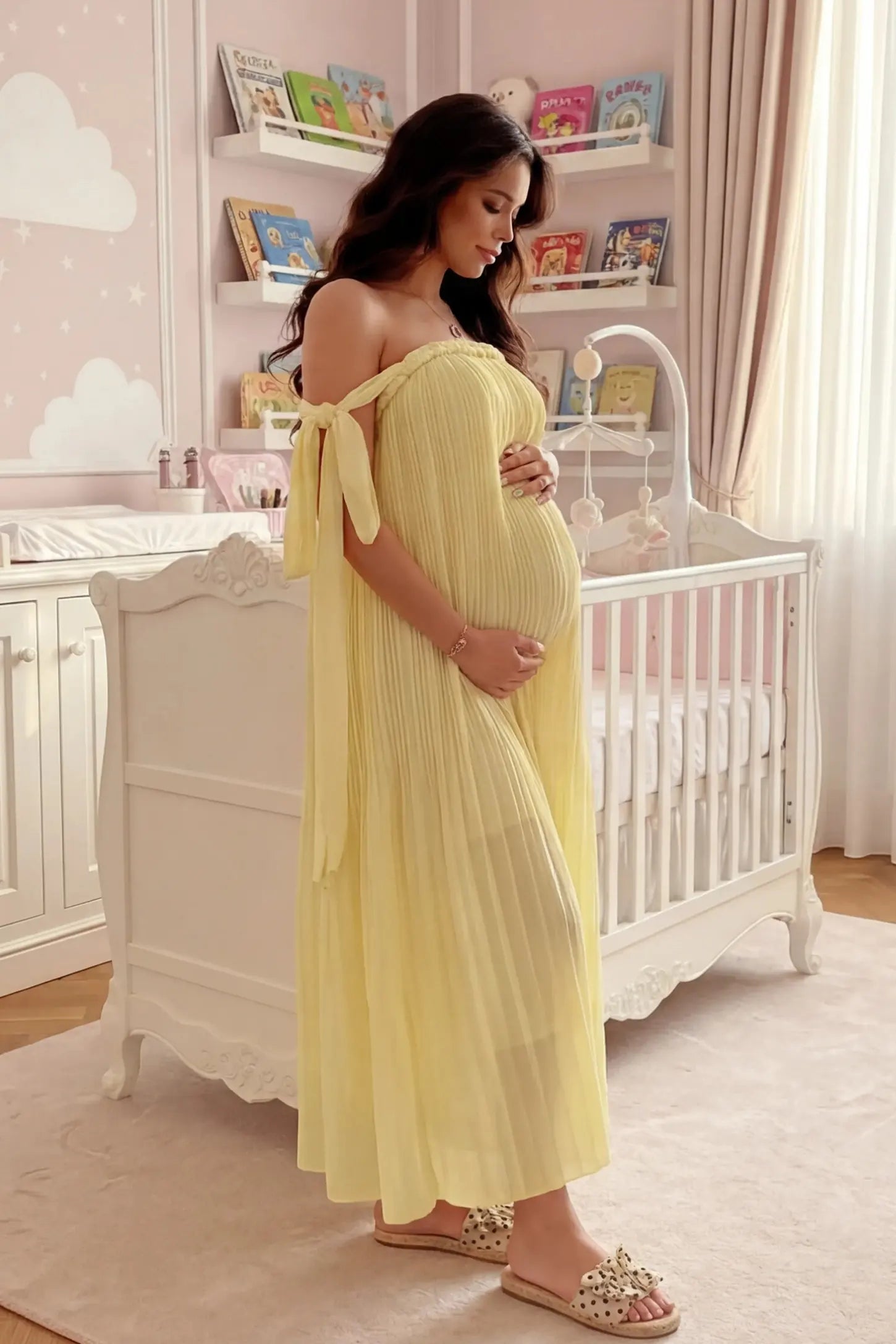 Pleated Braided Cold-Shoulder Maxi Maternity Gown Pleated Braided Cold-Shoulder Maxi Maternity Gown in Yellow featuring cold-shoulder tie sleeves on a pregnant model, UGC view.
