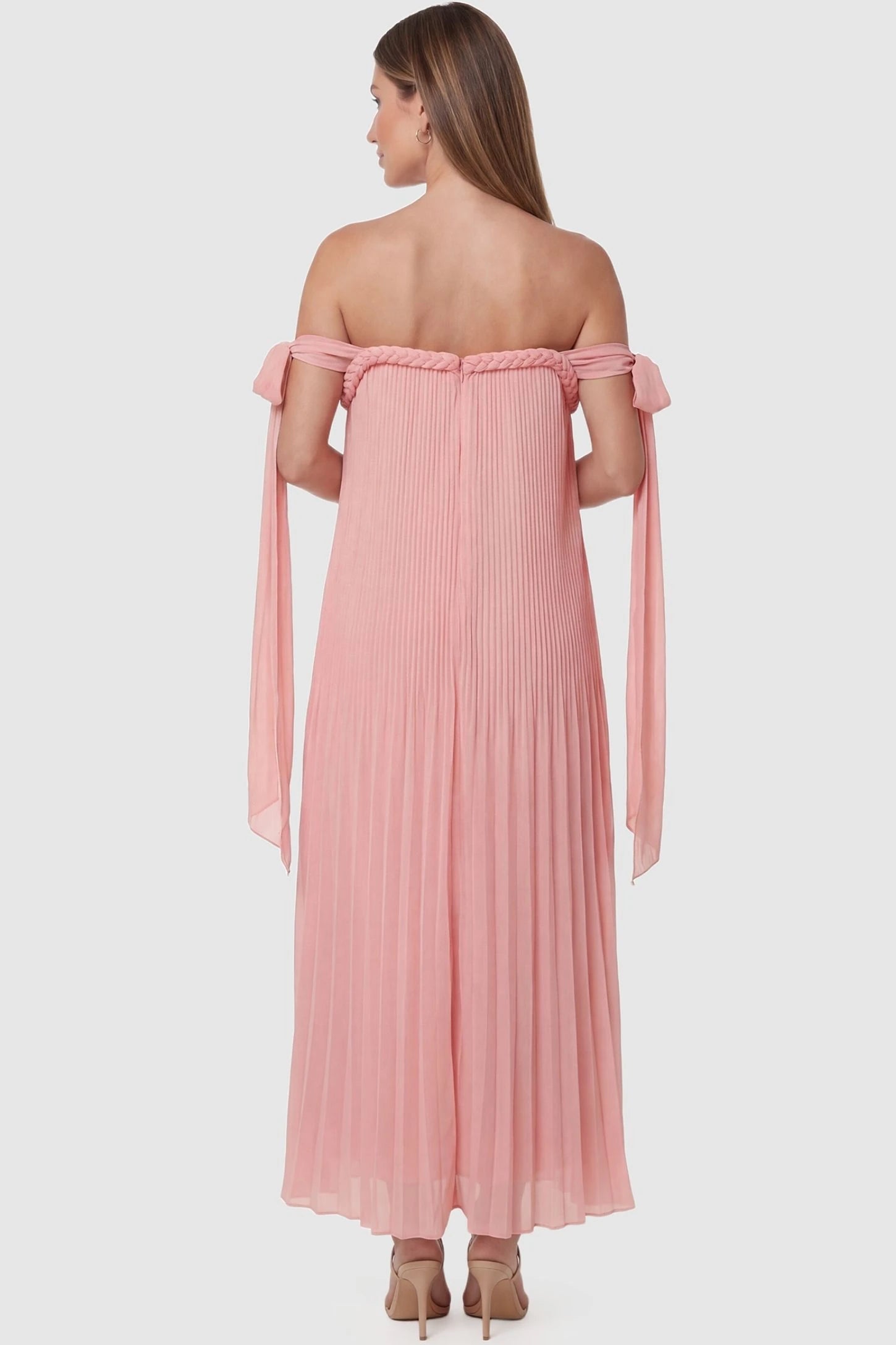 Pleated Braided Cold-Shoulder Maxi Maternity Gown Pleated Braided Cold-Shoulder Maxi Maternity Gown in Pink showcasing lightweight fabric and braided detail, back view on a pregnant model.