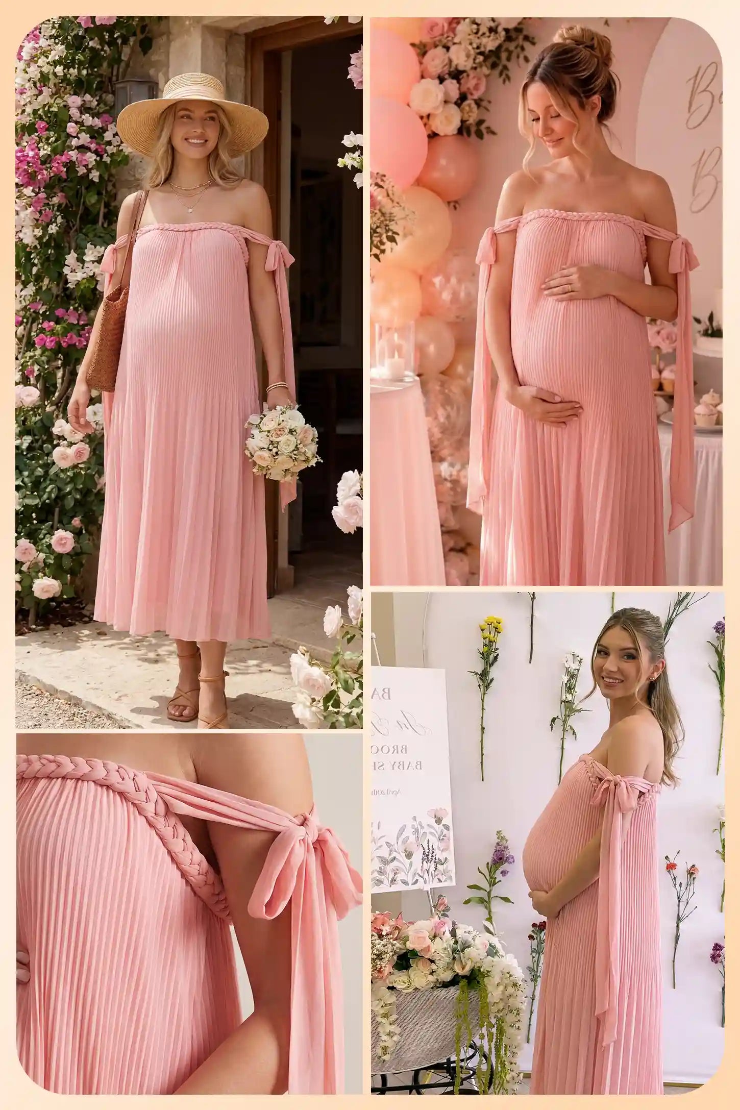 Pleated Braided Cold-Shoulder Maxi Maternity Gown in Pink with draped pleated skirt, UGC view on a non pregnant model.