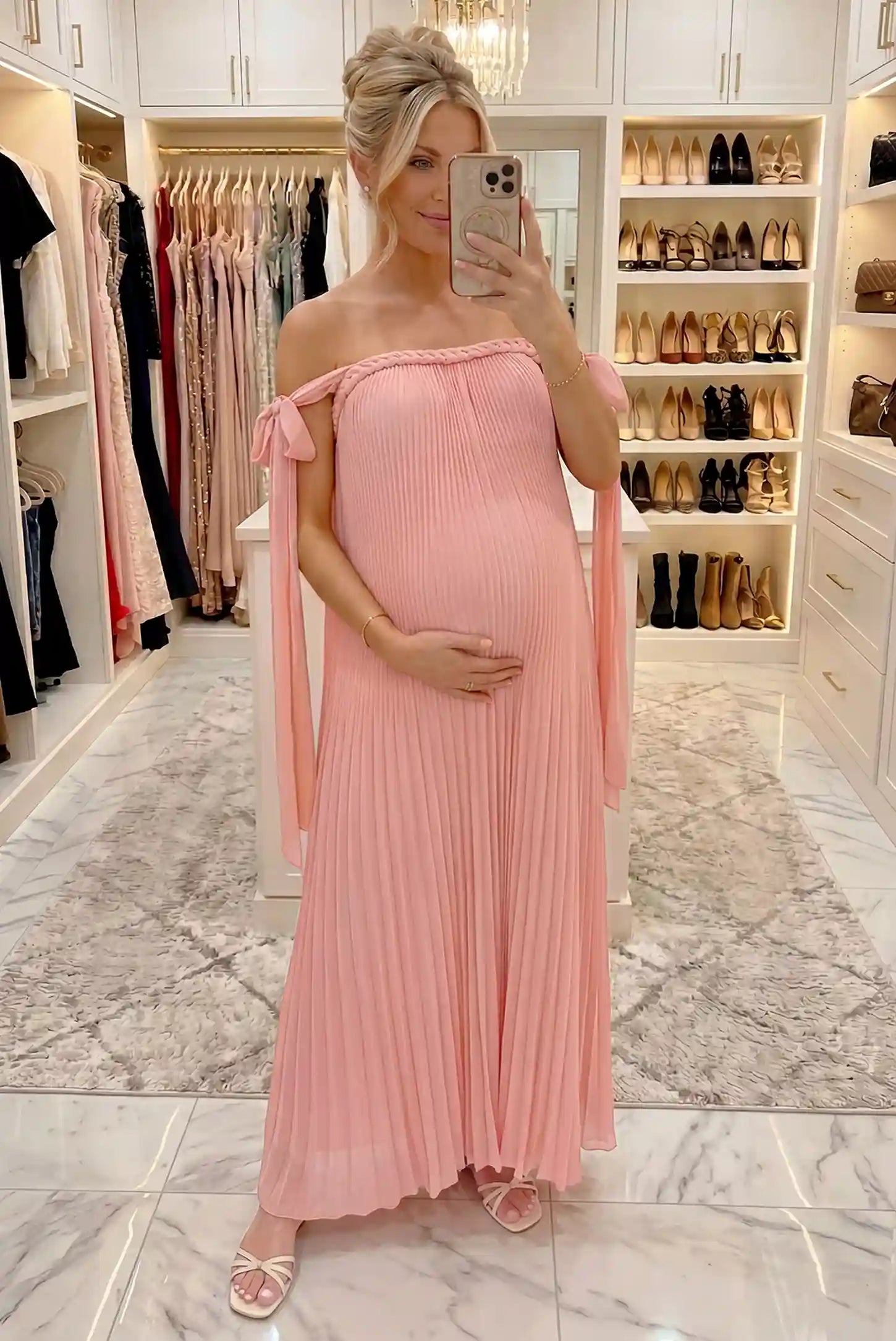 Pleated Braided Cold-Shoulder Maxi Maternity Gown in Pink with draped pleated skirt, lifestyle view on a pregnant model.