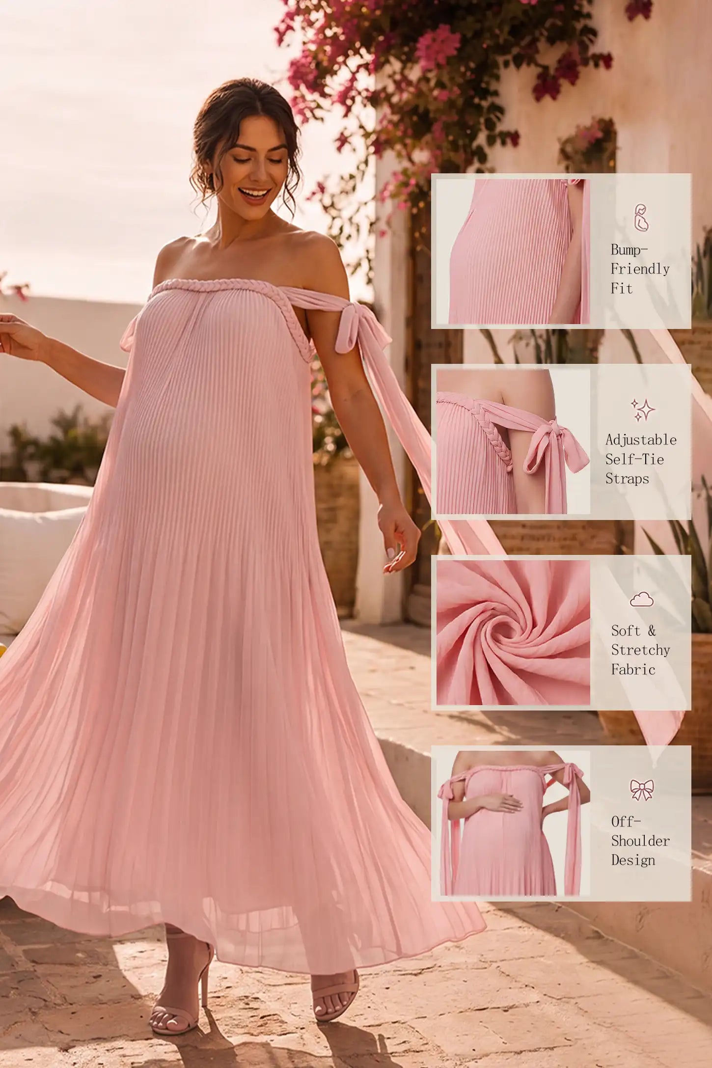 Pleated Braided Cold-Shoulder Maxi Maternity Gown Pleated Braided Cold-Shoulder Maxi Maternity Gown in Pink with draped pleated skirt, UGC view on a non pregnant model.
