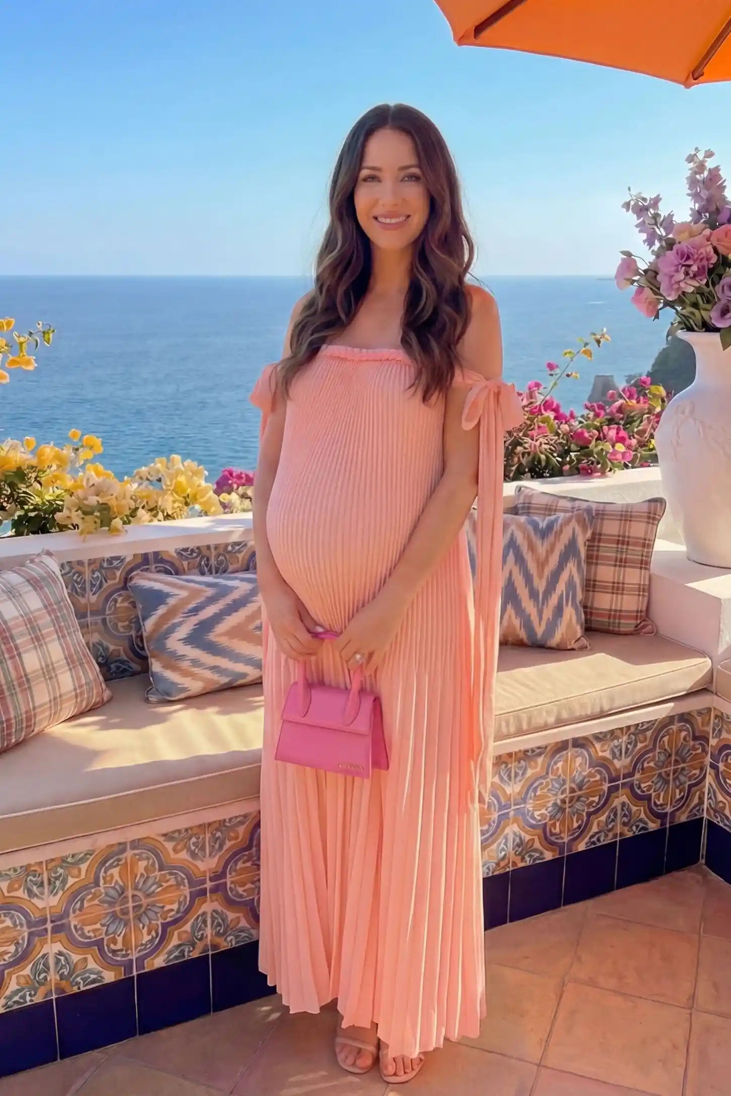 Pleated Braided Cold-Shoulder Maxi Maternity Gown Pleated Braided Cold-Shoulder Maxi Maternity Gown in Pink with draped pleated skirt, UGC view on a non pregnant model.