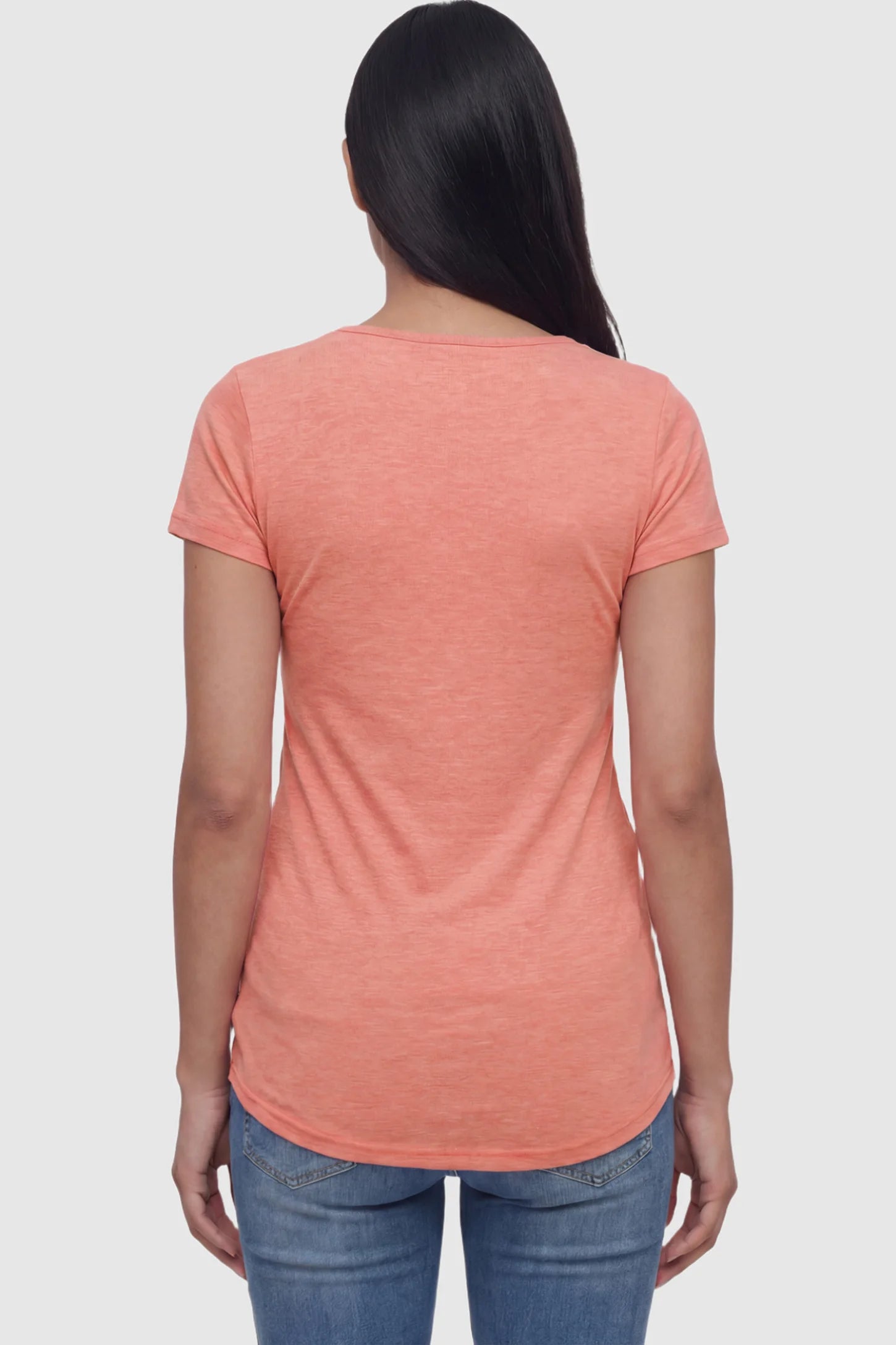 Pleated Heathered Short Sleeve Maternity Top Pleated Heathered Short Sleeve Maternity Top in pink featuring high stretch and breathable fabric on a pregnant model showing back.